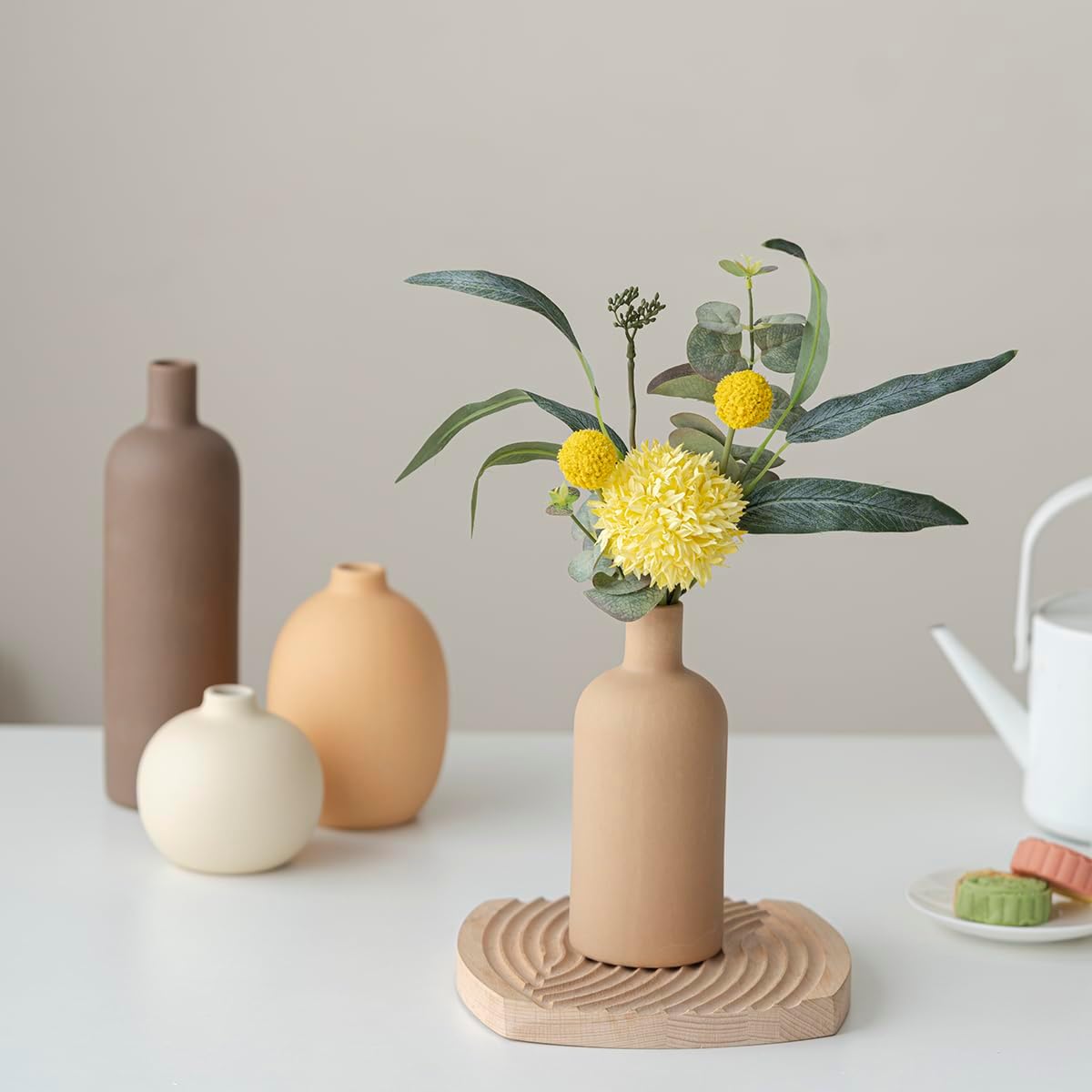 Modern Ceramic Vase Set, Neutral Colors, Decorative Vases for Home Shelf Decor, 4 Piece Collection, Happy Birthday Gifts for Women Mom Her Friend Sister Wife Grandma, Self Care Gift (Coffee Mix set 4)