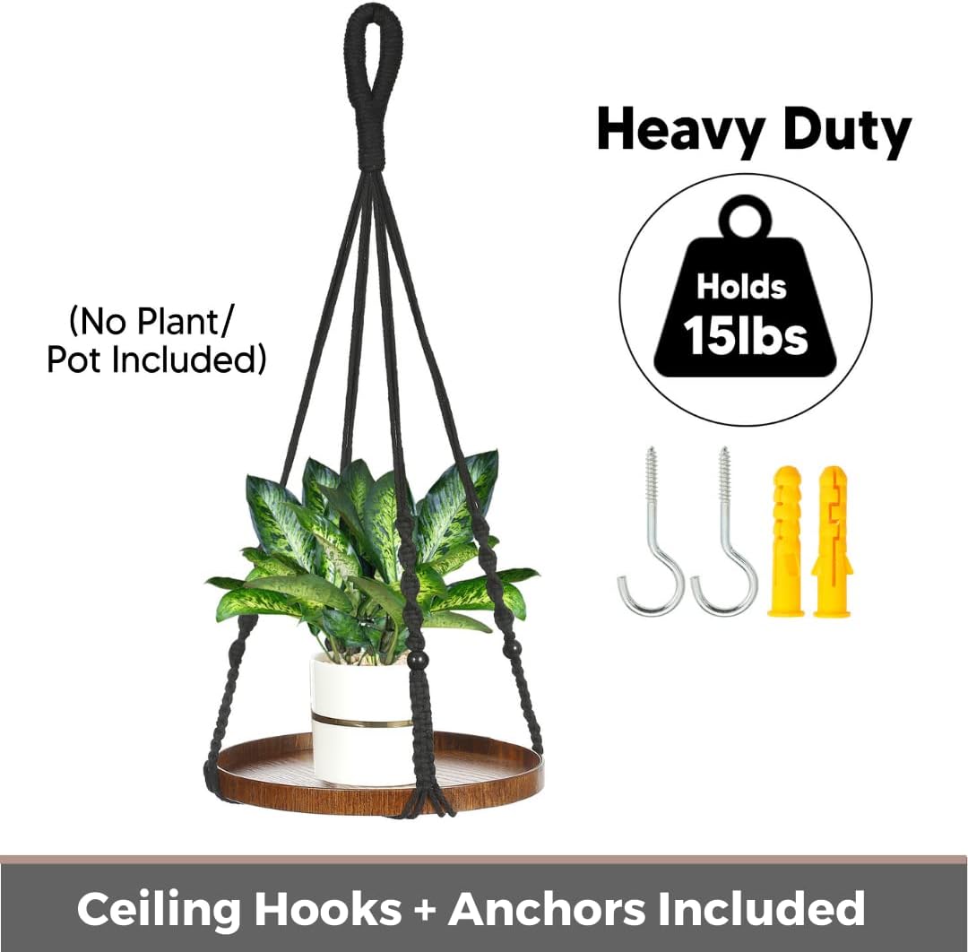 2 Pack Macrame Plant Hanger | Plant Hanger Indoor, Hanging Planter Shelf | Hanging Planter (Black) (1 Large + 1 Medium)