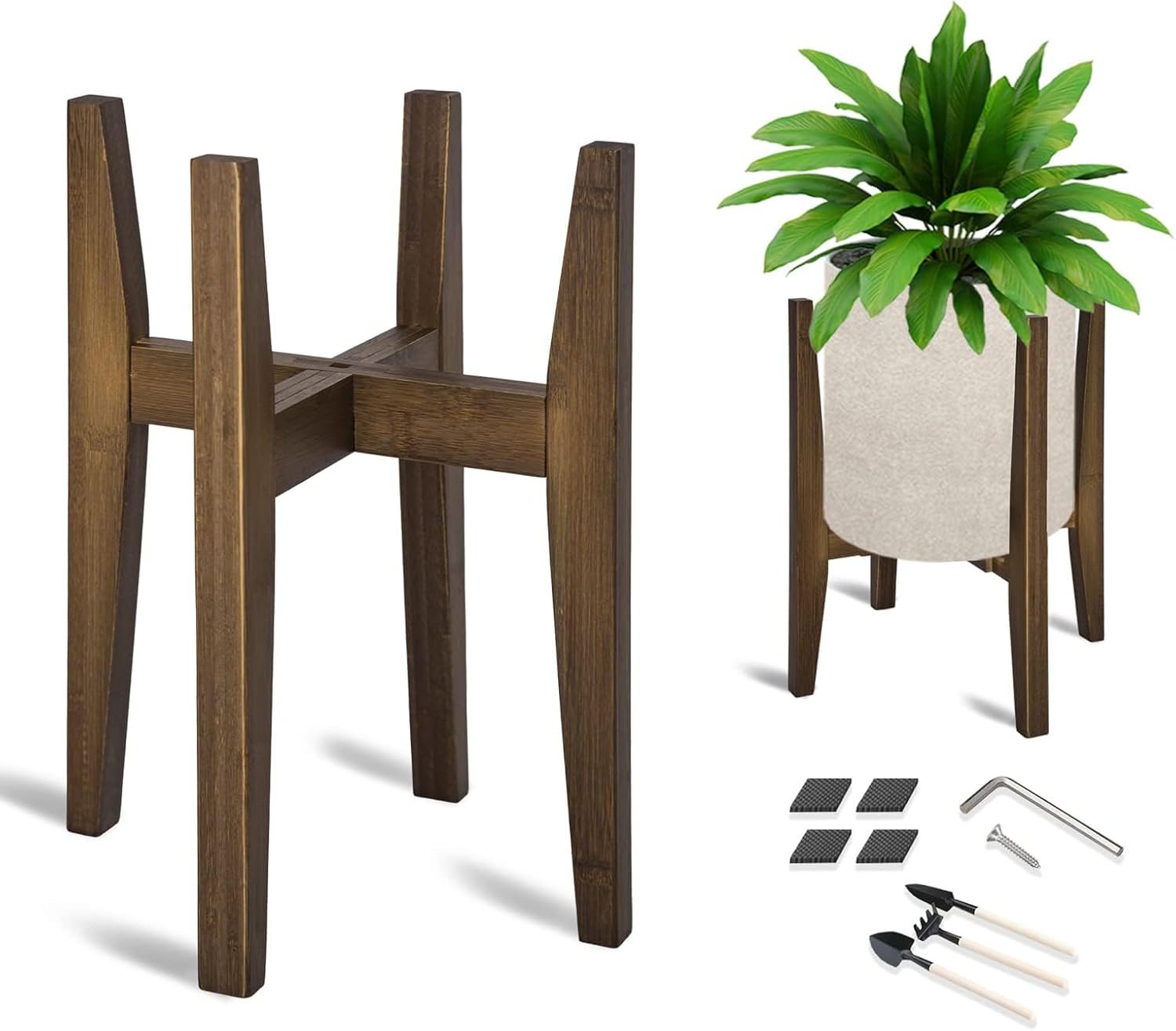 OERGKE 2 PACK Adjustable Plant Stand Indoor, Bamboo Mid Century Modern Plants Stands, Corner Flower Holder for Living Room, Fits 8 to 12 Inches Pots, (Pot & Plant Not Included)(Walnut)