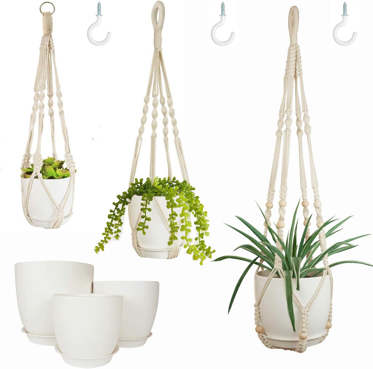 Larege Hanging Planters with Macrame Plant Hangers for Indoor Outdoor Plants 3 Set 10" / 8" / 7" Self Watering Pots Hanging Baskets Flower Pot Holders 3 Different Size Green Large