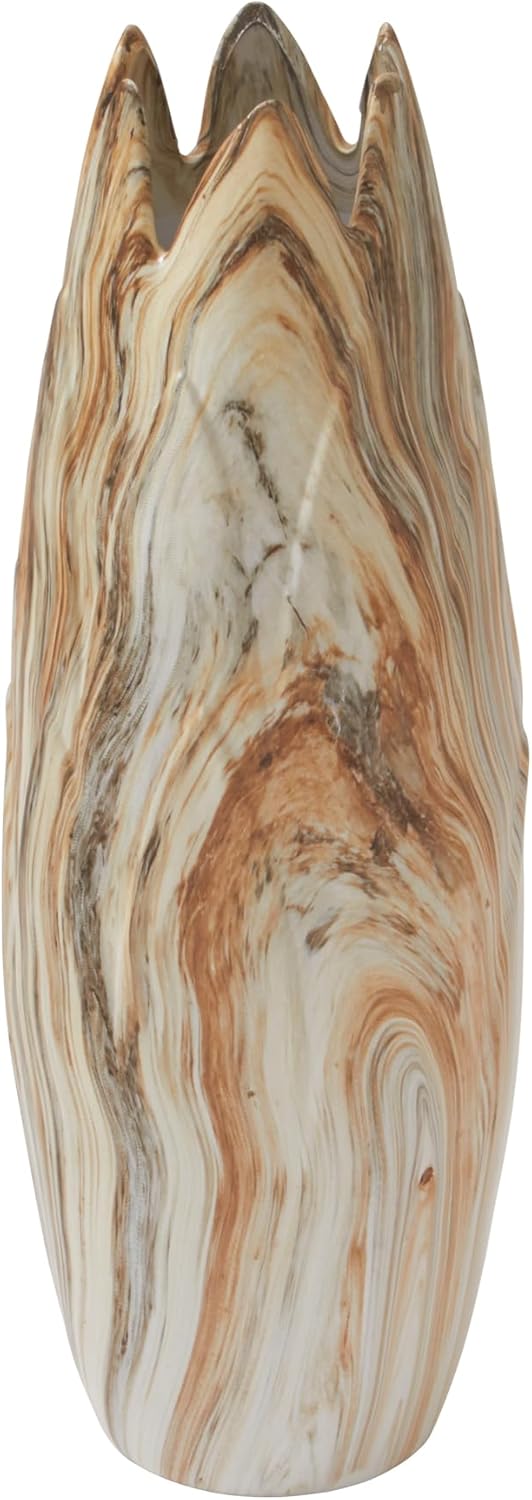 Deco 79 Ceramic Decorative Vase Marbled Centerpiece Vase with Angled Edge Opening and Rust Accents, Flower Vase for Home Decoration 7" x 7" x 21", Beige