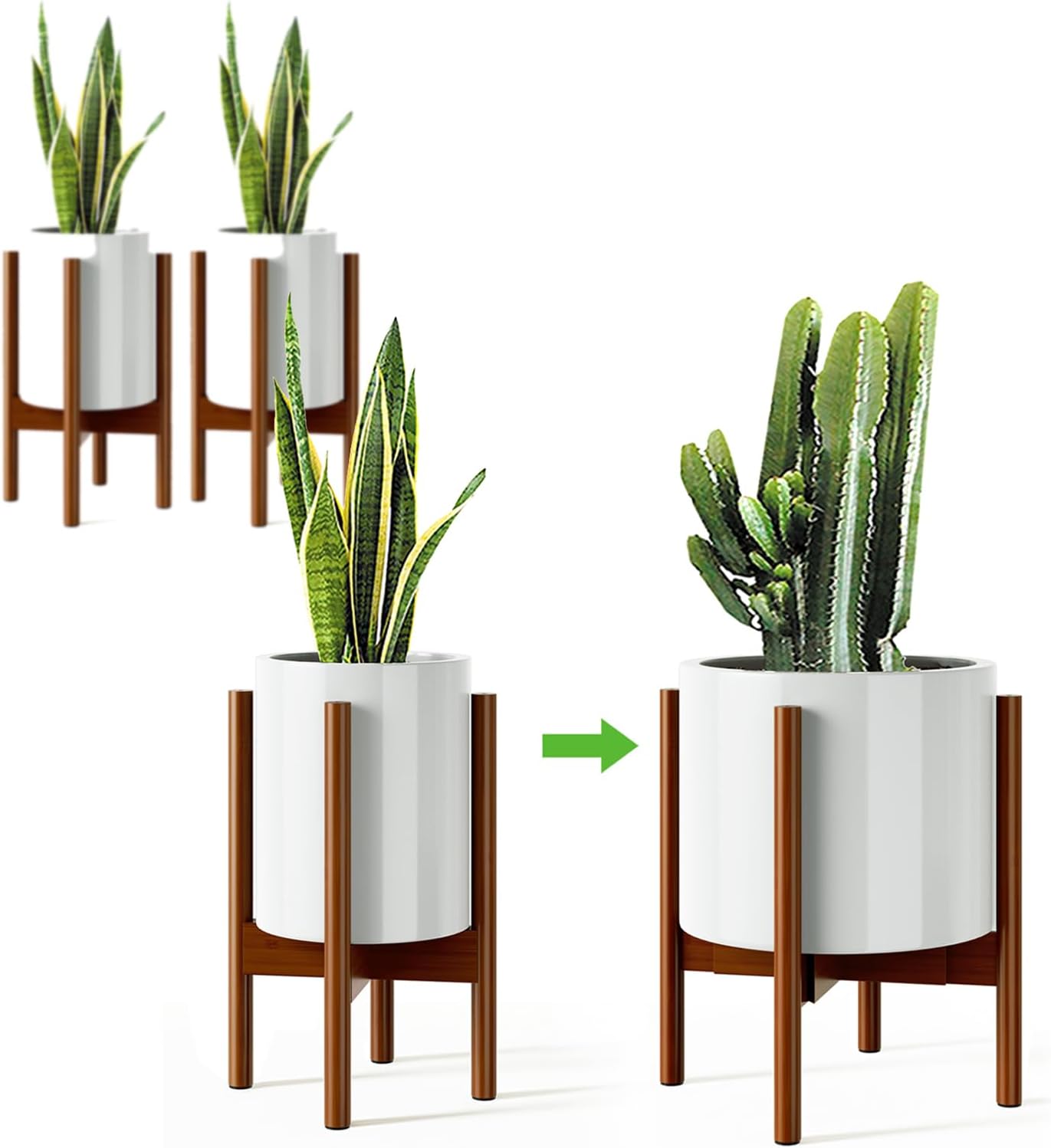 MUDEELA Plant Stand for Indoor Plants: Adjustable Width Fits 8-12 Inch Pots - Mid-century Modern Bamboo Plant Stand - 14.5 Inch Single Tier Small Floor Plant Holder, Dark Brown, 2 Pack (Without Pot)