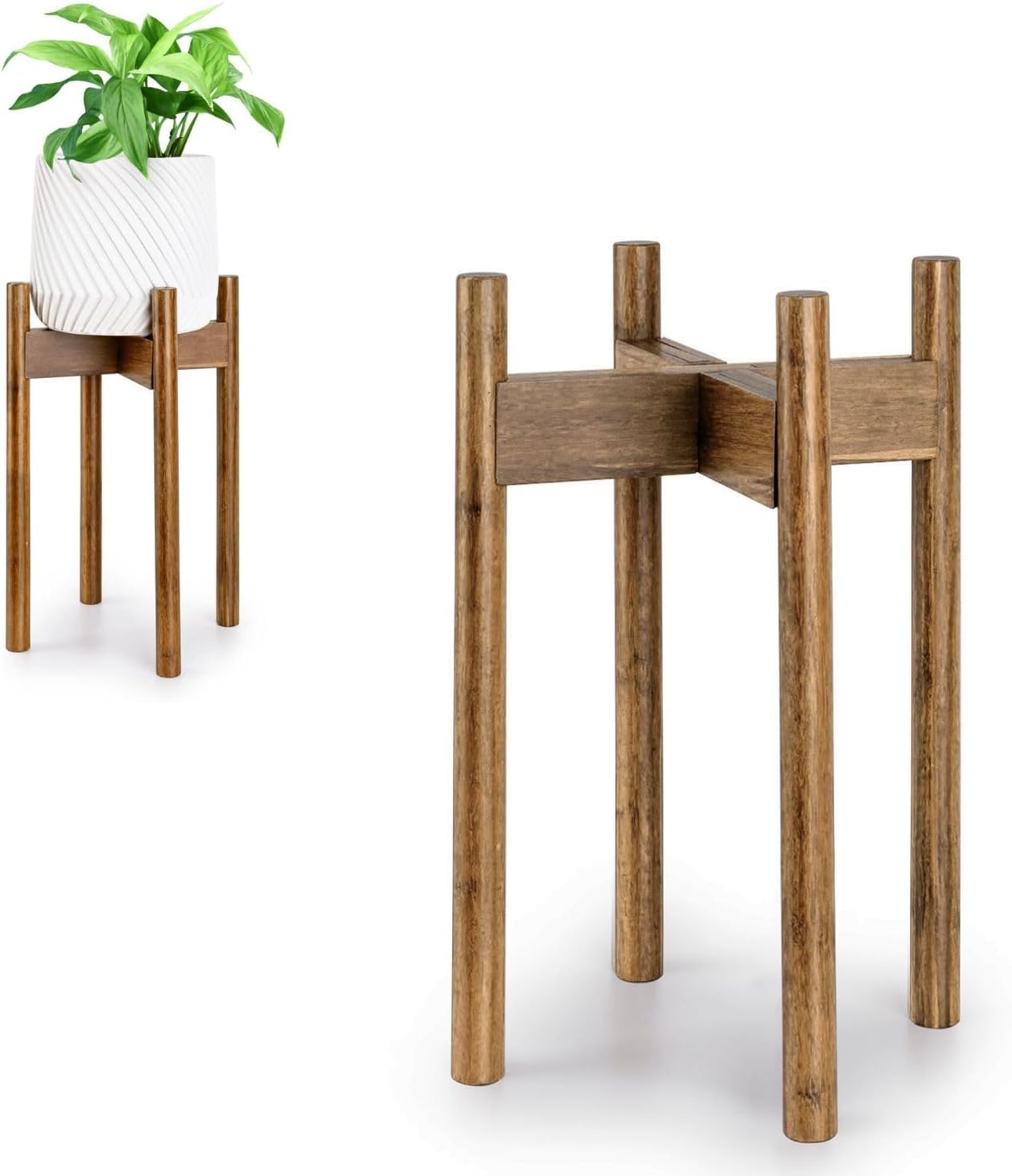 Fox & Fern Adjustable Tall Plant Stand Indoor — 8 to 12 Inch Mid Century Bamboo Plant Stand with Adjustable Width - Plug In Design - Easy to Assemble - Two Heights - For 8, 9, 10, 11 & 12 In Pots