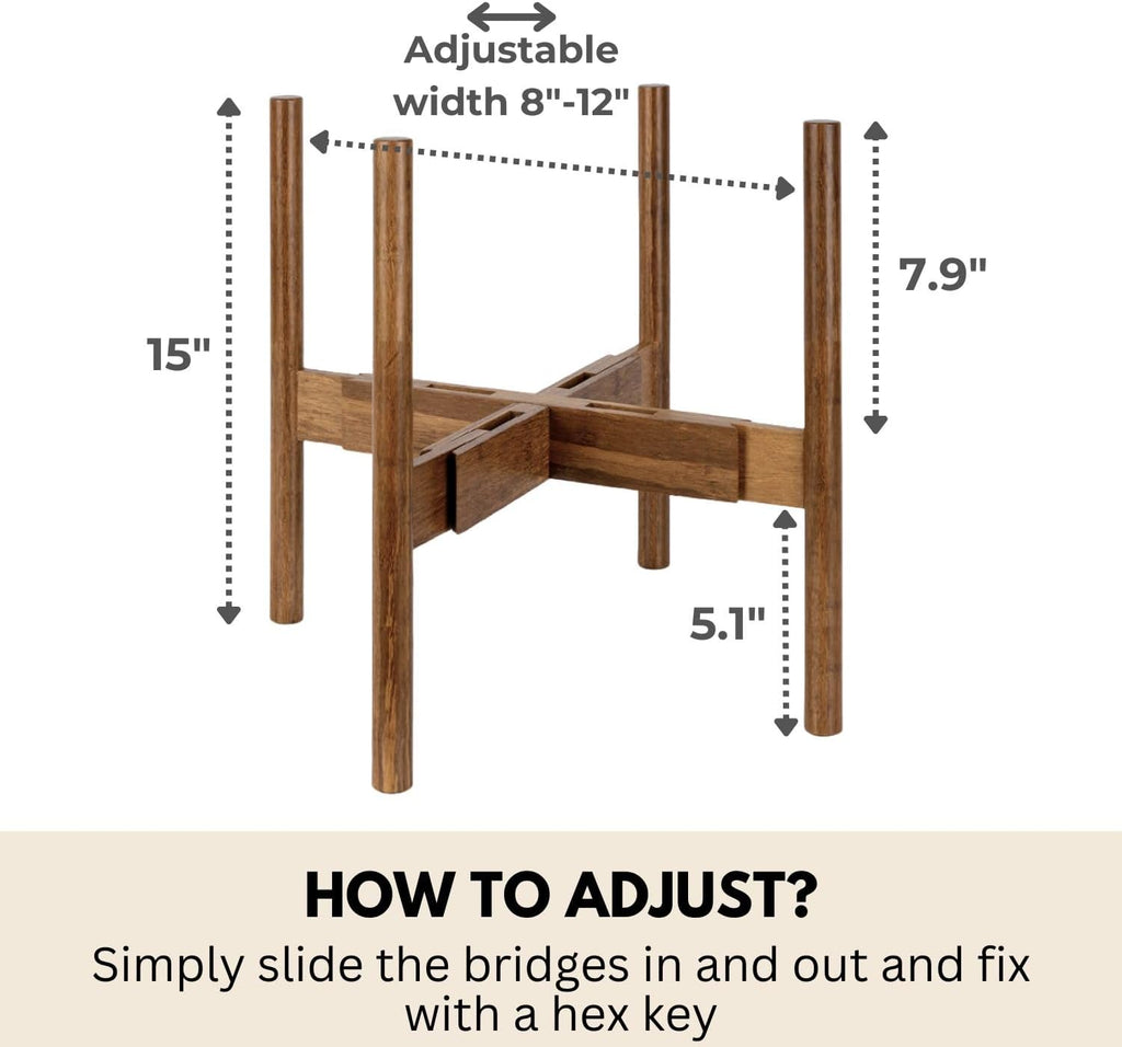 Fox & Fern Adjustable Plant Stand Indoor — 8 to 12 Inch Premium Mid Century Bamboo Plant Stand with Adjustable Width; Plug In Design; Easy to Assemble; Two Heights - For 8, 9, 10, 11 & 12 Inch Pots