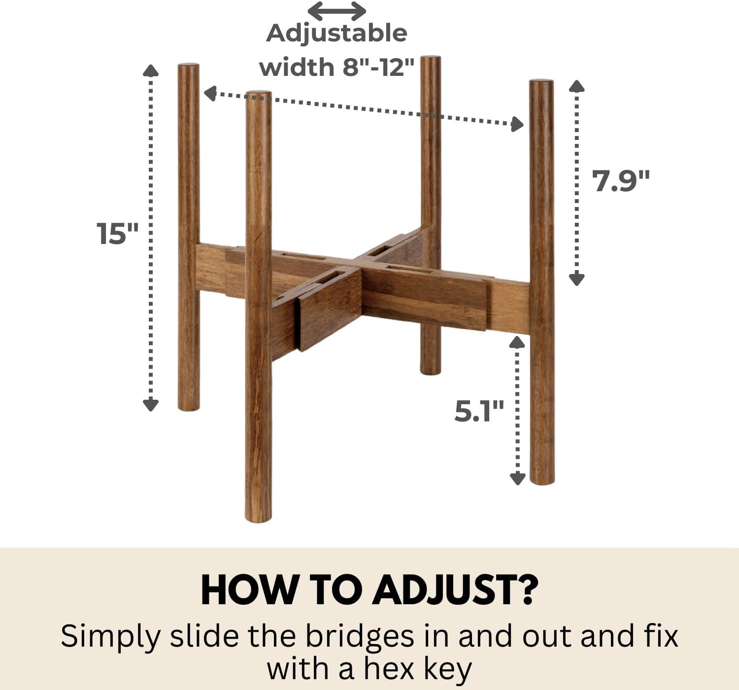Fox & Fern Adjustable Plant Stand Indoor — 8 to 12 Inch Premium Mid Century Bamboo Plant Stand with Adjustable Width; Plug In Design; Easy to Assemble; Two Heights - For 8, 9, 10, 11 & 12 Inch Pots
