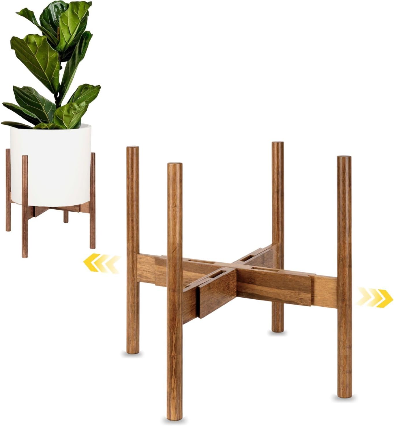 Fox & Fern Adjustable Plant Stand Indoor — 8 to 12 Inch Premium Mid Century Bamboo Plant Stand with Adjustable Width; Plug In Design; Easy to Assemble; Two Heights - For 8, 9, 10, 11 & 12 Inch Pots