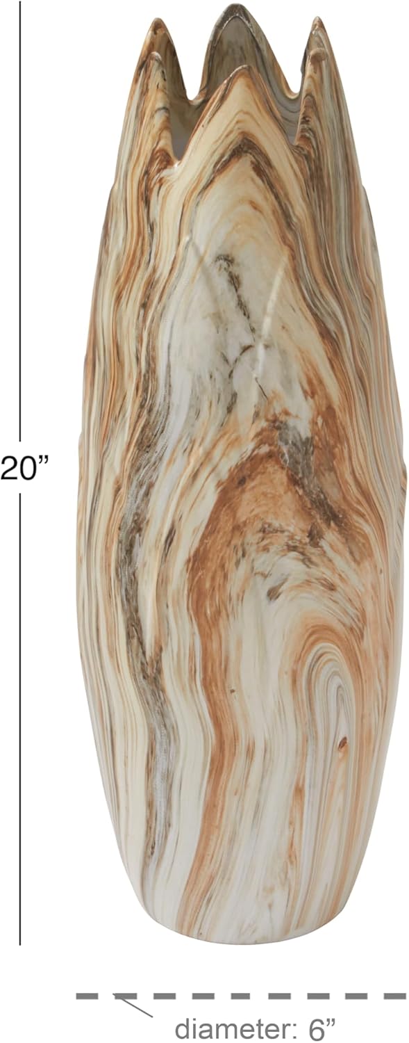 Deco 79 Ceramic Decorative Vase Marbled Centerpiece Vase with Angled Edge Opening and Rust Accents, Flower Vase for Home Decoration 7" x 7" x 21", Beige