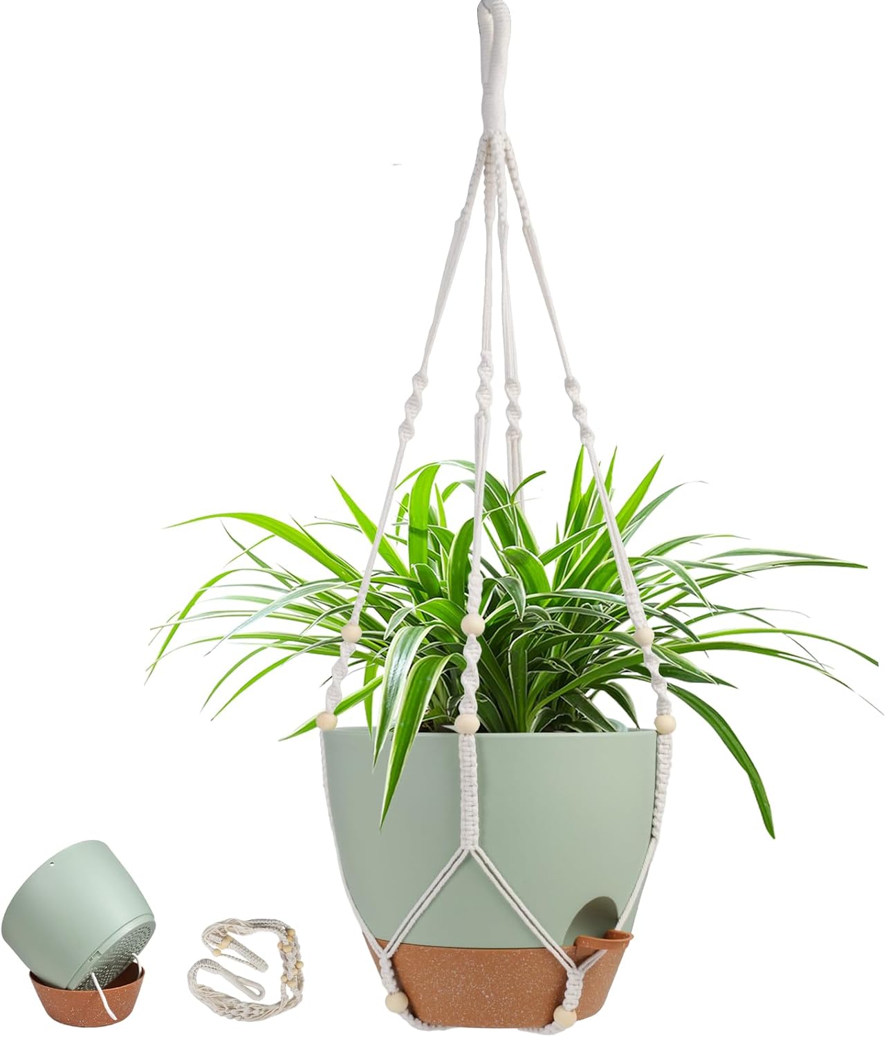 41.5 Inch Macrame Plant Hanger Indoor Outdoor with 12 Inch Flower Pot, Hanging Planter for Plants Holder with Wood Beads for Boho Home Decor (Ivory+White)