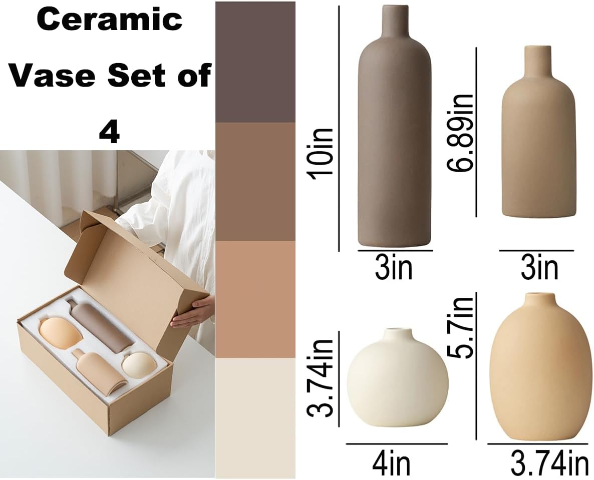 Modern Ceramic Vase Set, Neutral Colors, Decorative Vases for Home Shelf Decor, 4 Piece Collection, Happy Birthday Gifts for Women Mom Her Friend Sister Wife Grandma, Self Care Gift (Coffee Mix set 4)