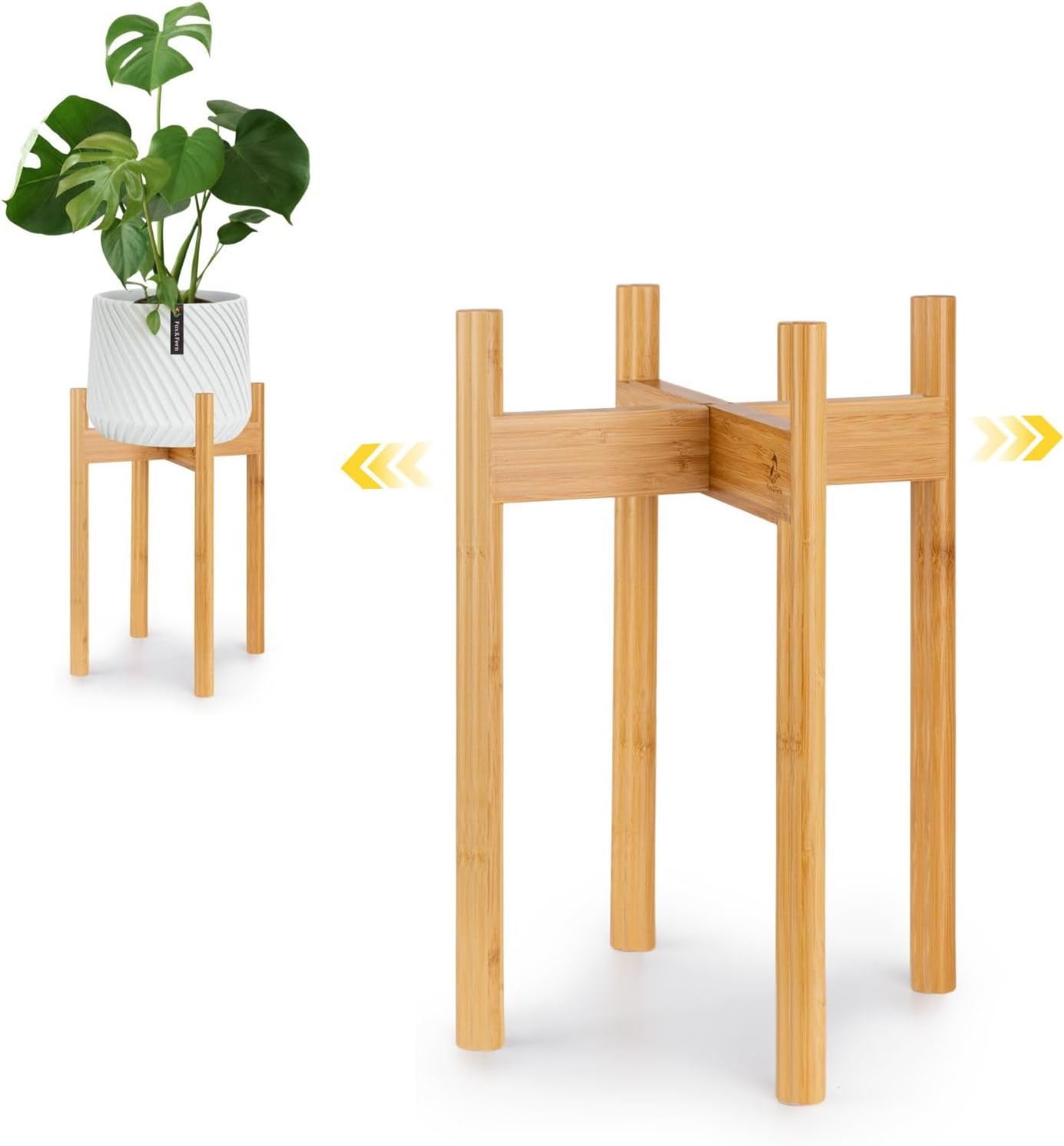 Fox & Fern Adjustable Plant Stand Indoor — 8 to 12 Inch Premium Mid Century Bamboo Plant Stand with Adjustable Width; Plug In Design; Easy to Assemble; Two Heights - For 8, 9, 10, 11 & 12 Inch Pots