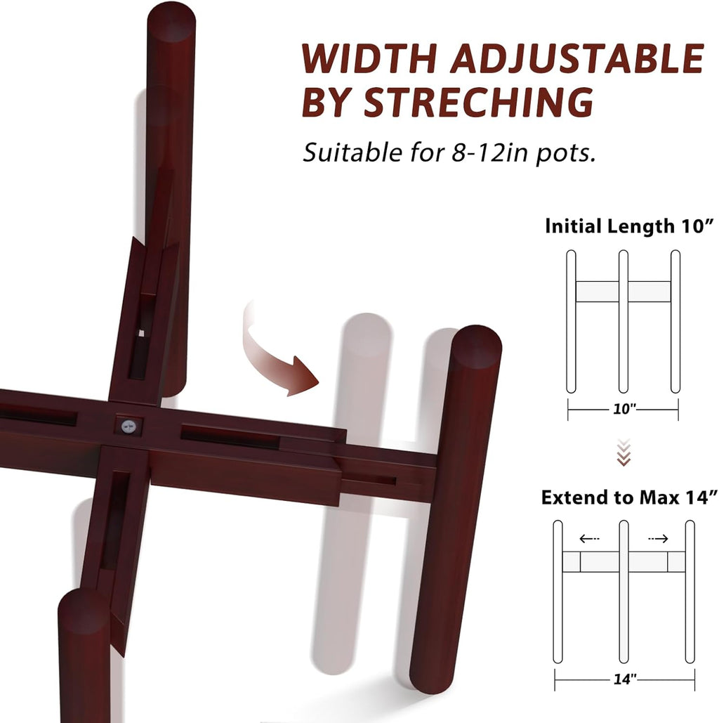 Adjustable Plant Stand Indoor, Bamboo Plant Holder 8 to 12 Inches, 3 Pack Single Floor Plant Stand for Living Room Balcony Bedroom, Reddish Brown