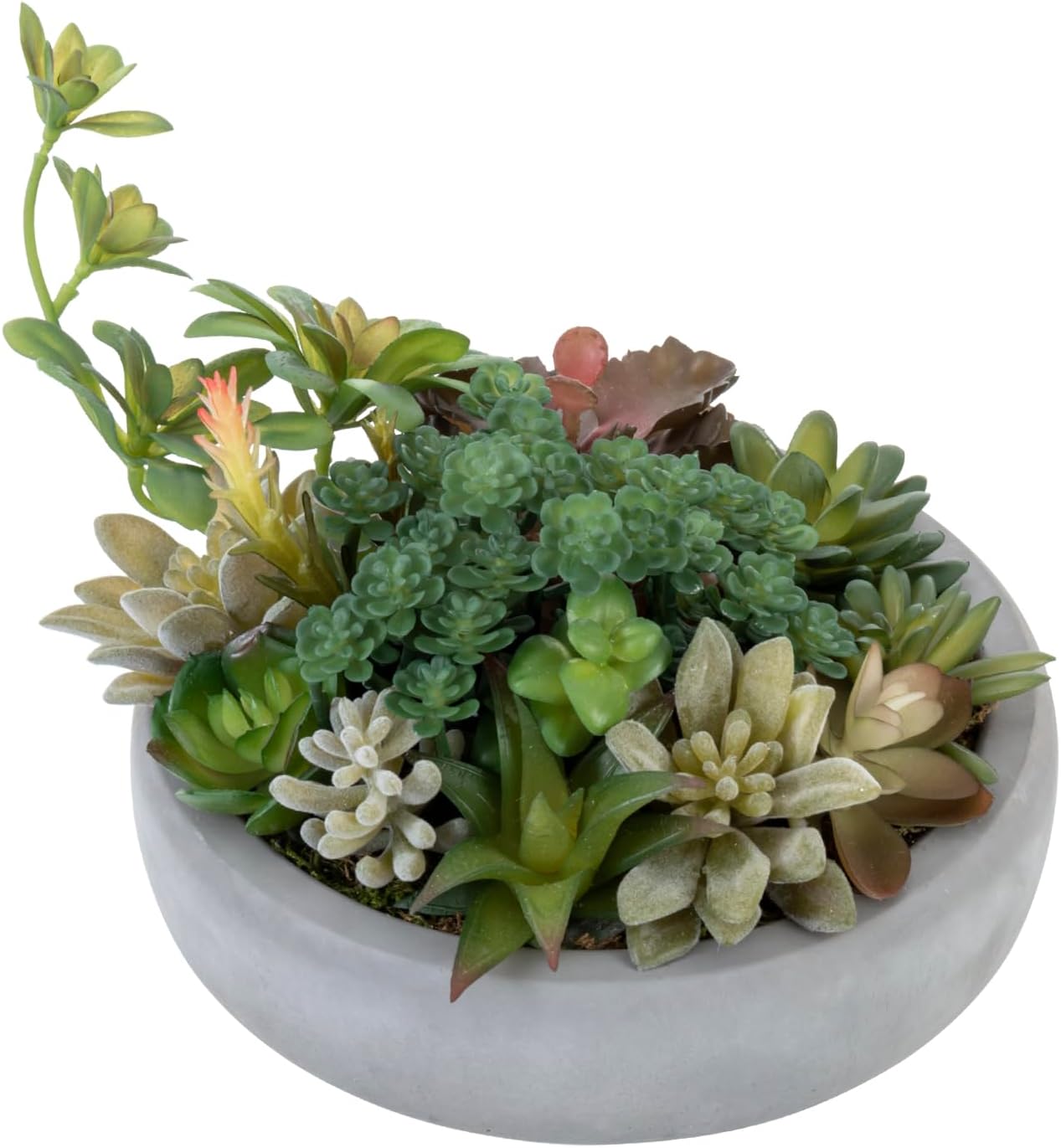 MyGift 8 Inch Round Modern Artificial Succulent Arrangement Potted in Gray Concrete Plant Bowl, Assorted Faux Mini Succulents in a Decorative Planter Pot
