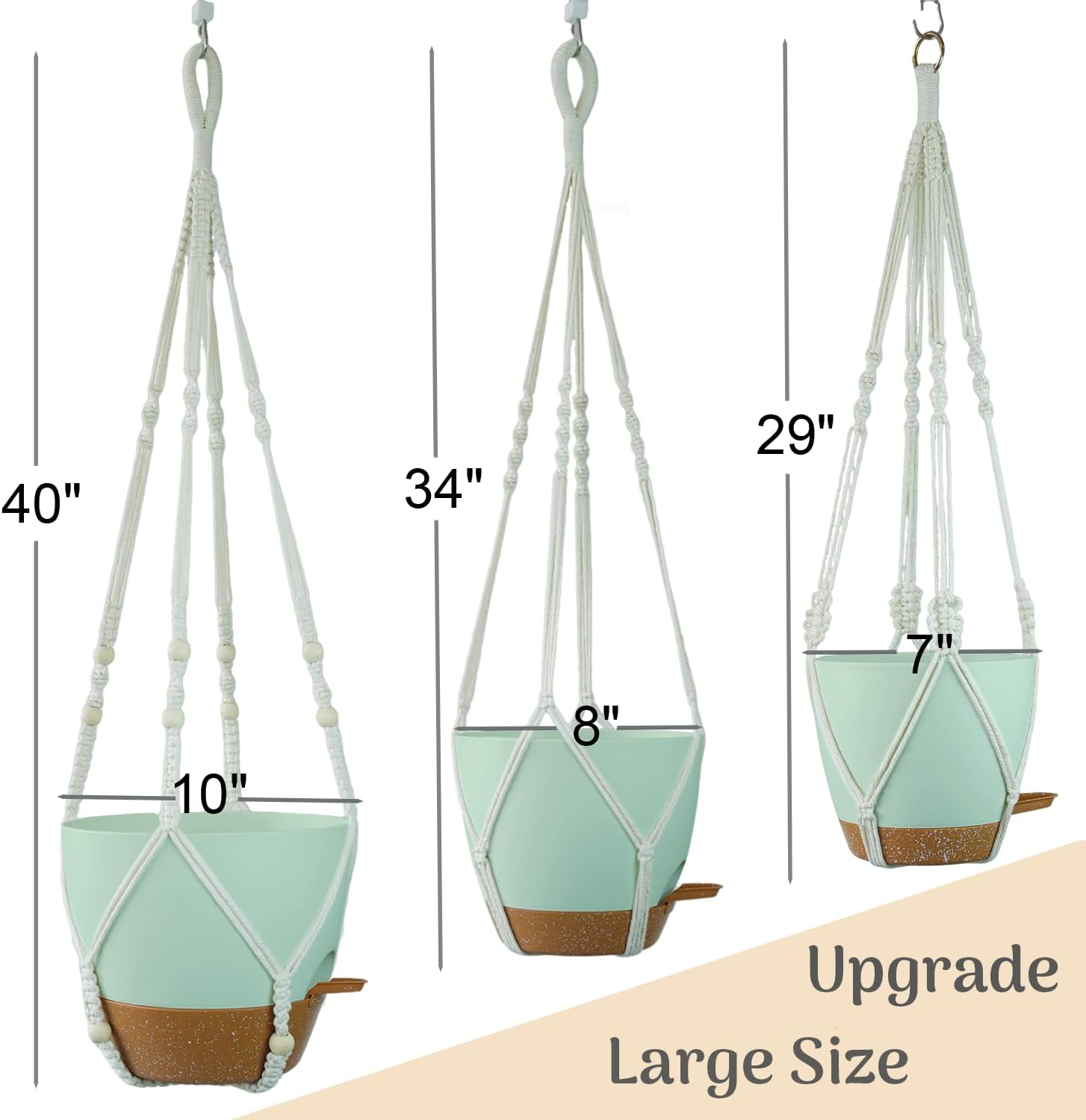 Larege Hanging Planters with Macrame Plant Hangers for Indoor Outdoor Plants 3 Set 10" / 8" / 7" Self Watering Pots Hanging Baskets Flower Pot Holders 3 Different Size Green Large
