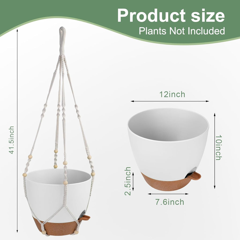 41.5 Inch Macrame Plant Hanger Indoor Outdoor with 12 Inch Flower Pot, Hanging Planter for Plants Holder with Wood Beads for Boho Home Decor (Ivory+White)