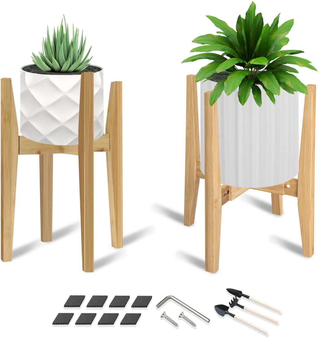 OERGKE 2 PACK Adjustable Plant Stand Indoor, Bamboo Mid Century Modern Plants Stands, Corner Flower Holder for Living Room, Fits 8 to 12 Inches Pots, (Pot & Plant Not Included)(Walnut)