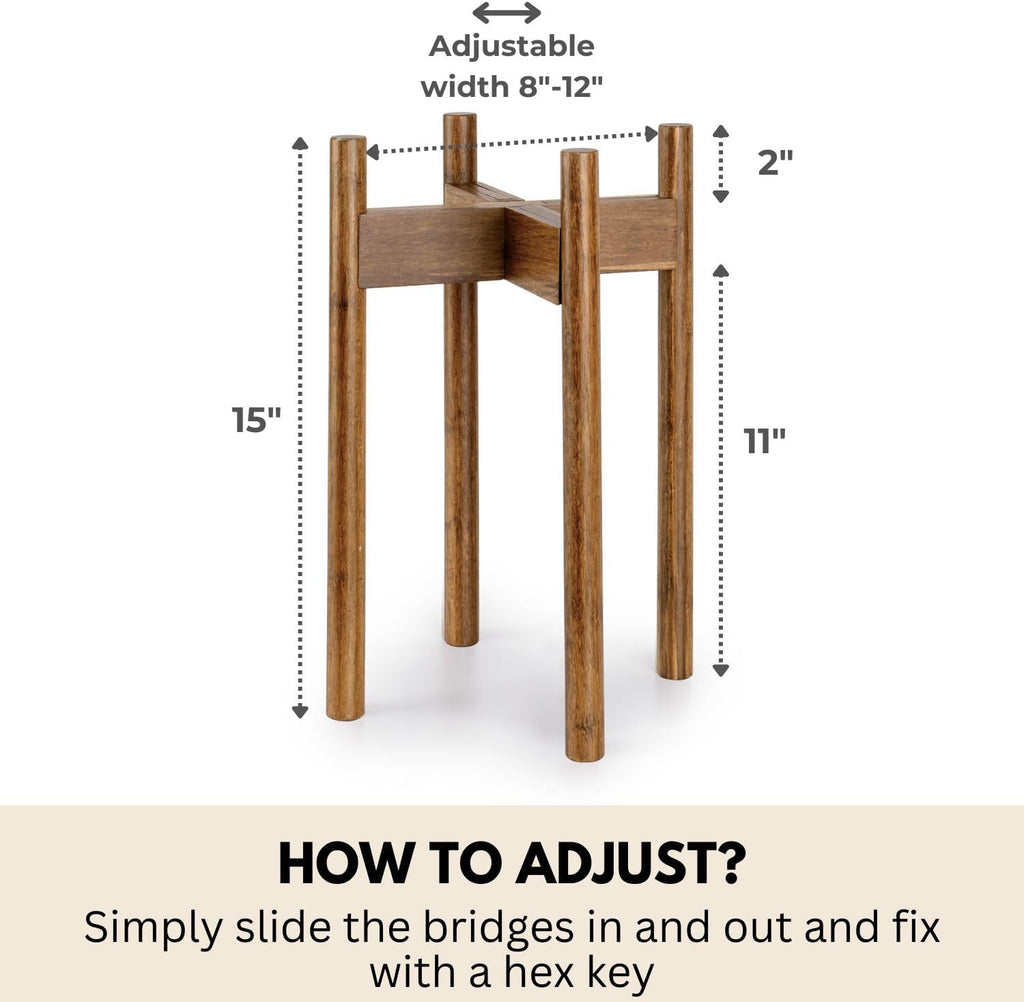 Fox & Fern Adjustable Tall Plant Stand Indoor — 8 to 12 Inch Mid Century Bamboo Plant Stand with Adjustable Width - Plug In Design - Easy to Assemble - Two Heights - For 8, 9, 10, 11 & 12 In Pots