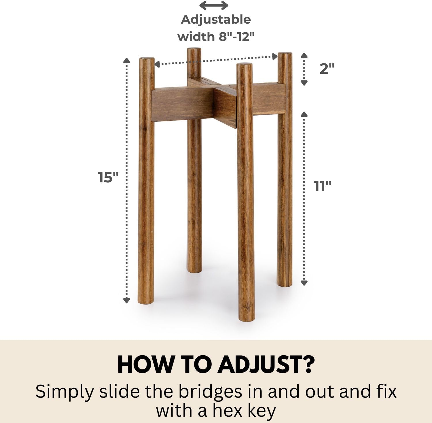 Fox & Fern Adjustable Tall Plant Stand Indoor — 8 to 12 Inch Mid Century Bamboo Plant Stand with Adjustable Width - Plug In Design - Easy to Assemble - Two Heights - For 8, 9, 10, 11 & 12 In Pots