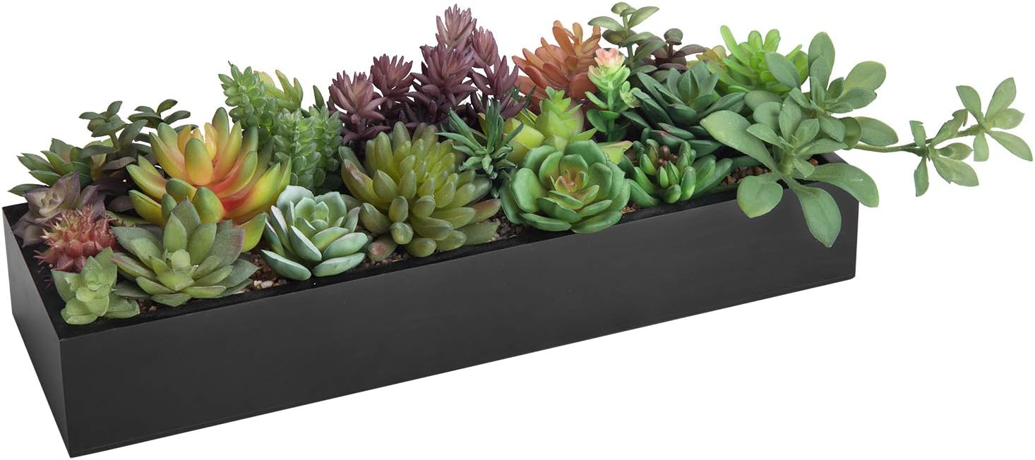 MyGift Artificial Succulent Centerpiece,15.75 Inch Faux Succulents Arrangement Plants in Sleek Black Wooden Rectangular Planter Box