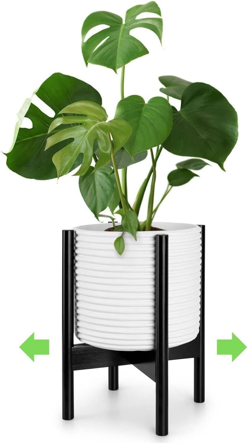 Fox & Fern Adjustable Plant Stand Indoor — 8 to 12 Inch Premium Mid Century Bamboo Plant Stand with Adjustable Width; Plug In Design; Easy to Assemble; Two Heights - For 8, 9, 10, 11 & 12 Inch Pots