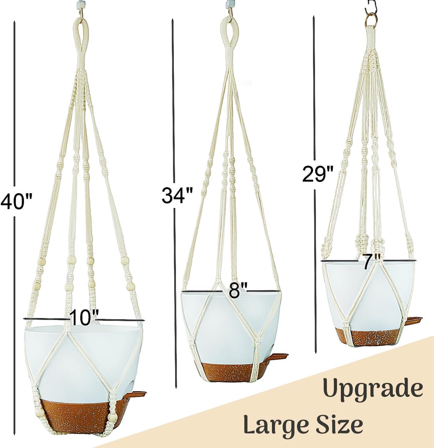 Set of 3 Hanging Planters for Indoor Plants with 10"/8"/7" Self-Watering Hanging Pots, Hanging Plant Pots with Drainage, 3 Different Size Macrame Plant Hangers with Hooks White Large