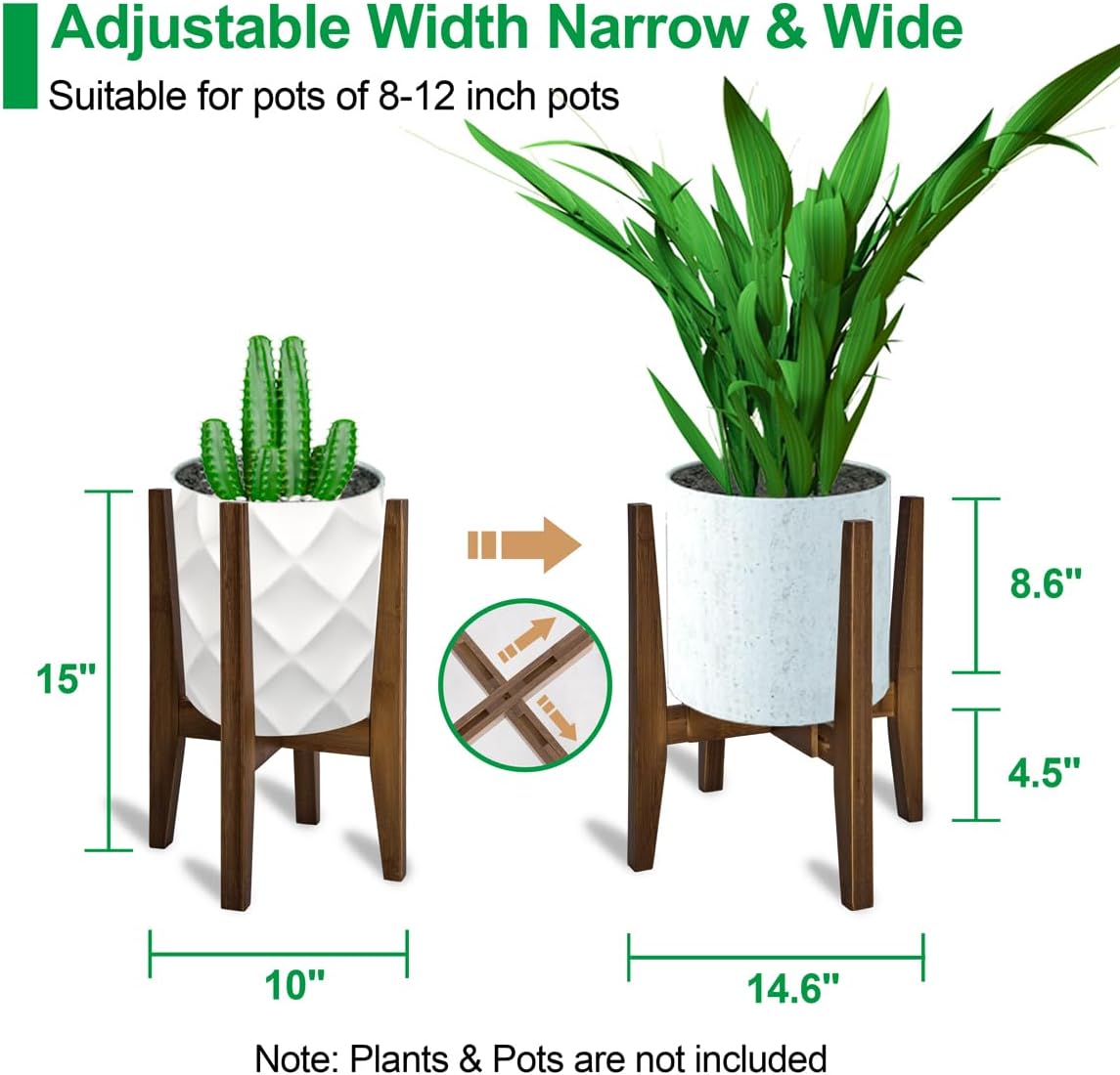 OERGKE 2 PACK Adjustable Plant Stand Indoor, Bamboo Mid Century Modern Plants Stands, Corner Flower Holder for Living Room, Fits 8 to 12 Inches Pots, (Pot & Plant Not Included)(Walnut)
