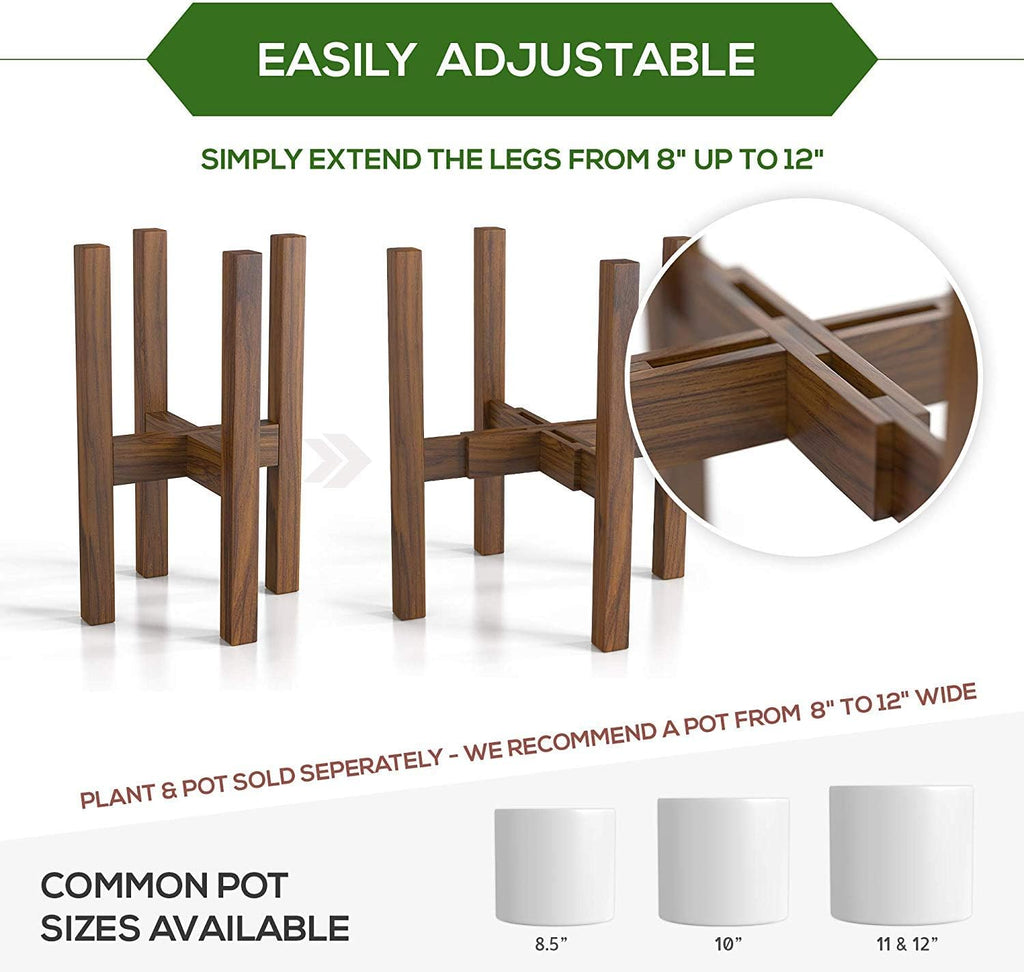 Mid Century Plant Stand - Solid Wood Item Stand Handmade with Acacia - Fits Medium & Large Pots Sizes 8 to 12 inches (Not Included) (Adjustable Width: 8-12 inches, Dark Brown)