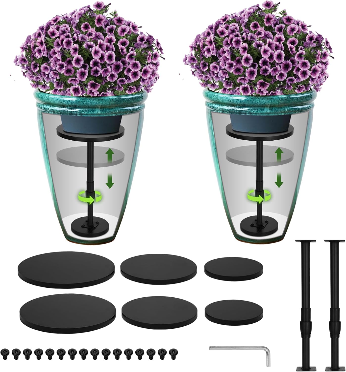 Adjustable Height Plant Risers for Pots Indoor & Outdoor 2 PCS , 12-21" Height, 6/8/10" Base - Iron Rise Plant Fillers Risers for Tall, Square, Round, Tapered Planters