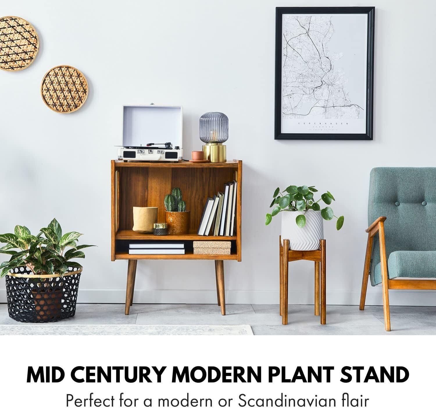 Fox & Fern Adjustable Tall Plant Stand Indoor — 8 to 12 Inch Mid Century Bamboo Plant Stand with Adjustable Width - Plug In Design - Easy to Assemble - Two Heights - For 8, 9, 10, 11 & 12 In Pots