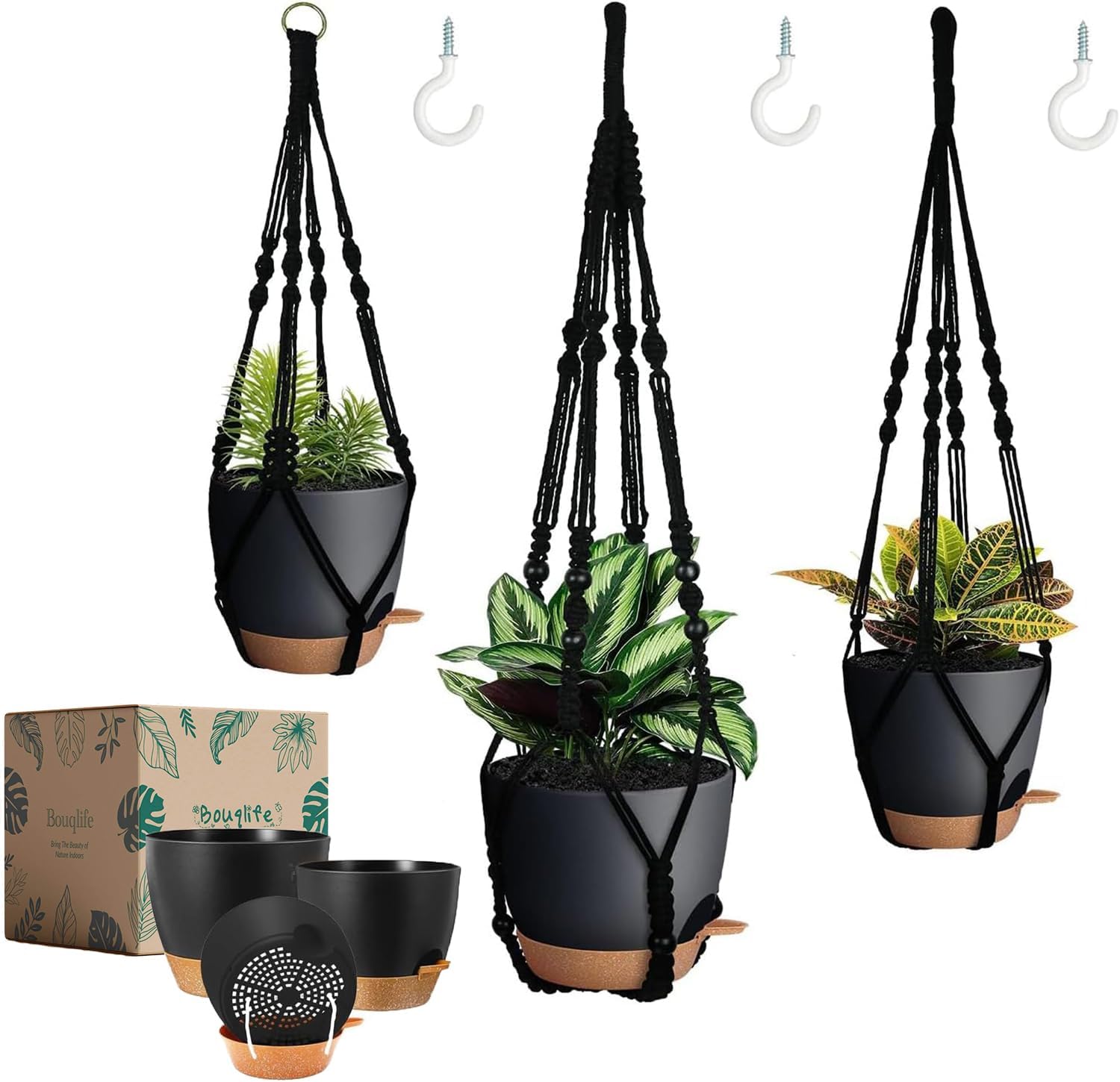 Larege Hanging Planters with Macrame Plant Hangers for Indoor Outdoor Plants 3 Set 10" / 8" / 7" Self Watering Pots Hanging Baskets Flower Pot Holders 3 Different Size Green Large