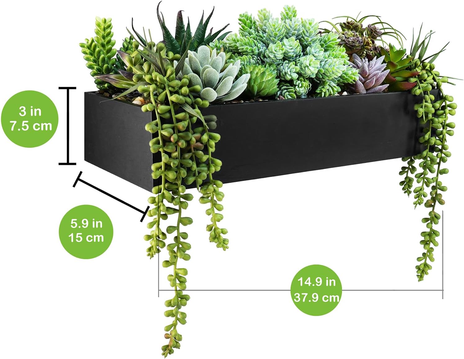Winlyn 15" Artificial Succulent Arrangement Faux Succulents in Rustic Black Rectangular Wooden Planter Faux Potted Plants for Party Table Centerpiece Mantel Shelf Windowsill Tabletop Greenery Decor