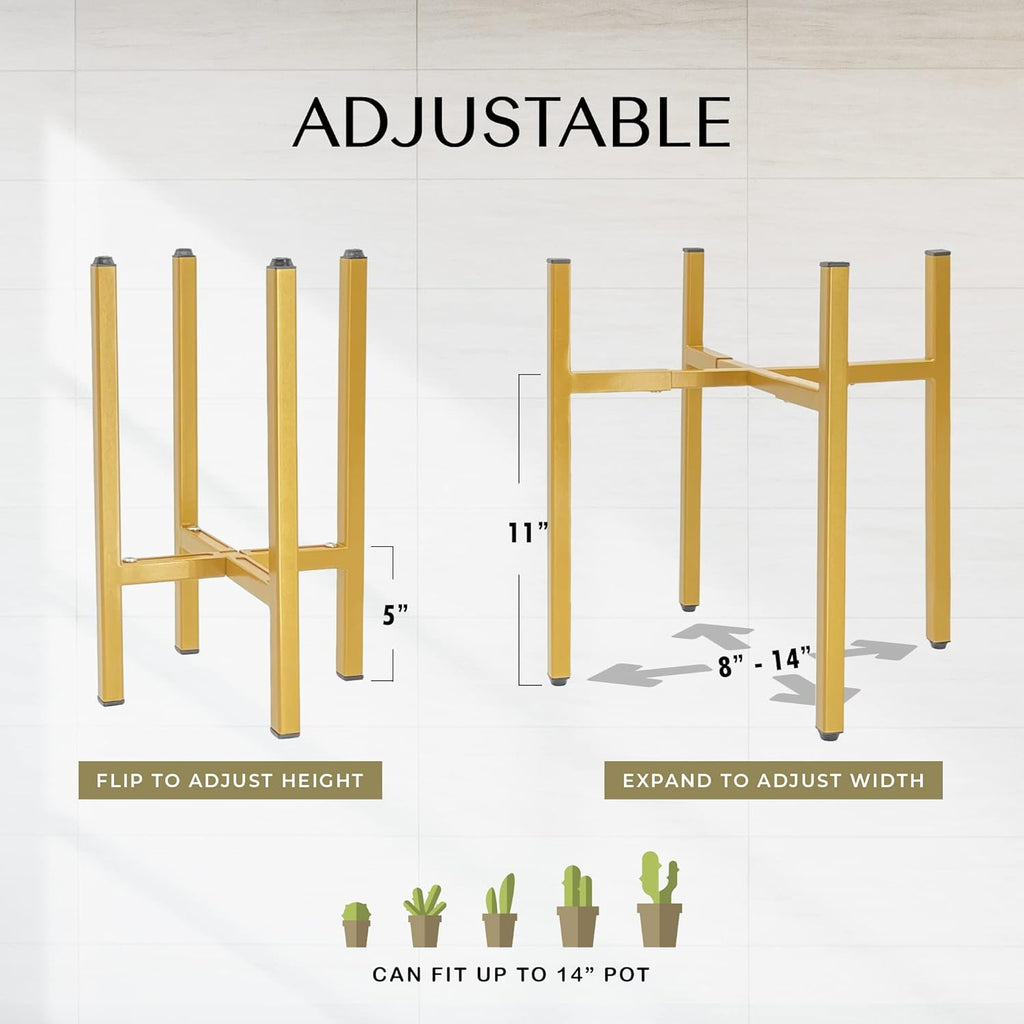 Adjustable Metal Plant Stand, Indoor Outdoor, Width 8" to 14", Fits Small to Large Pots, Modern Golden Iron Plant Holder