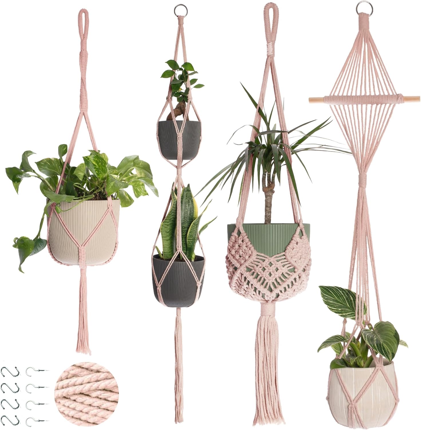 Nook Theory 6-Pack Macrame Plant Hangers with 12 Hooks - Hanging Planters for Indoor Plants, Boho Macrame Hangers Indoor Outdoor, Decorative Plant Hanger Indoor (Caramel)
