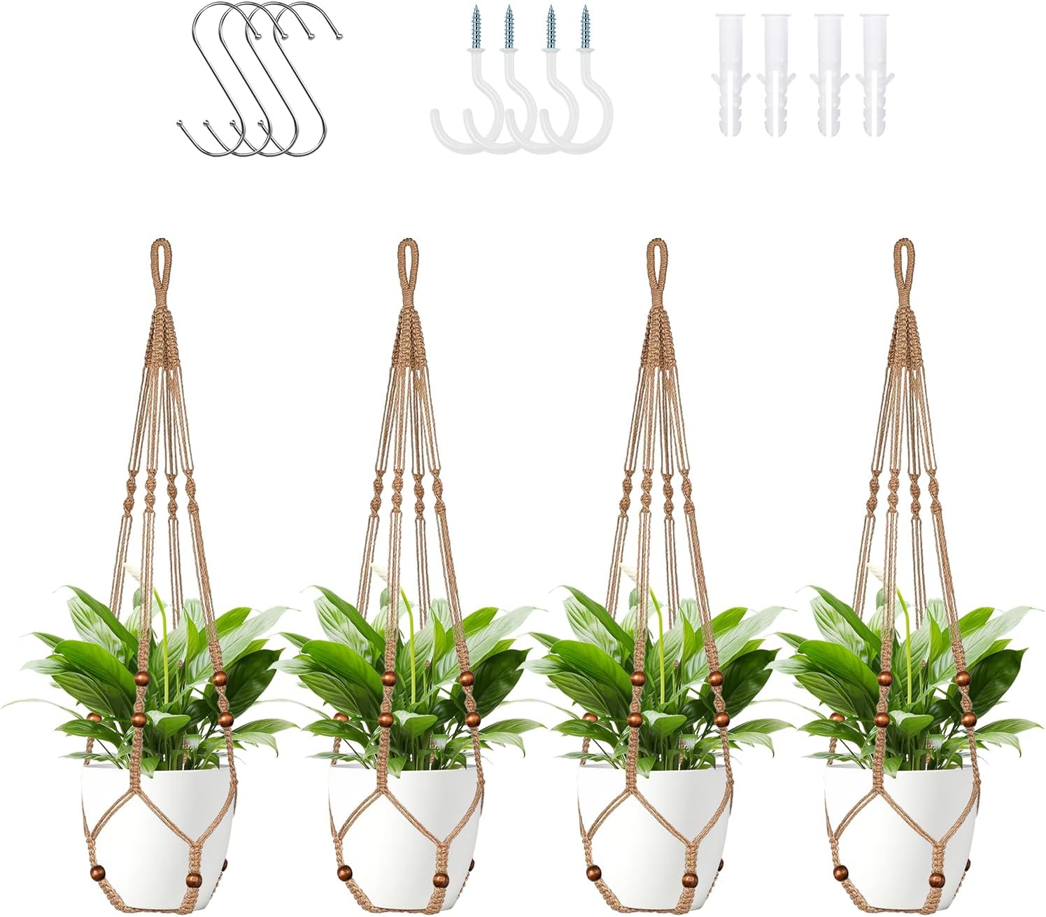 Jute Macrame Plant Hanger Indoor Set of 4 Hanging Planter Basket Flower Pot Holder with Decorative Wood Beads & No Tassels for Indoor Outdoor Boho Home Decor, 35 Inch Brown (Pots Not Included)