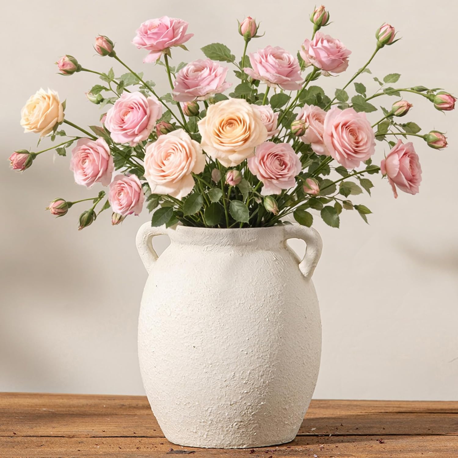 Ceramic Flower Vase 7.6 inch Farmhouse Rustic Vase Decorative Pottery Terracotta Vases for Home Decor Table Mantle Fireplace Living Room Bathroom Wedding Centerpiece (Whitewashed)
