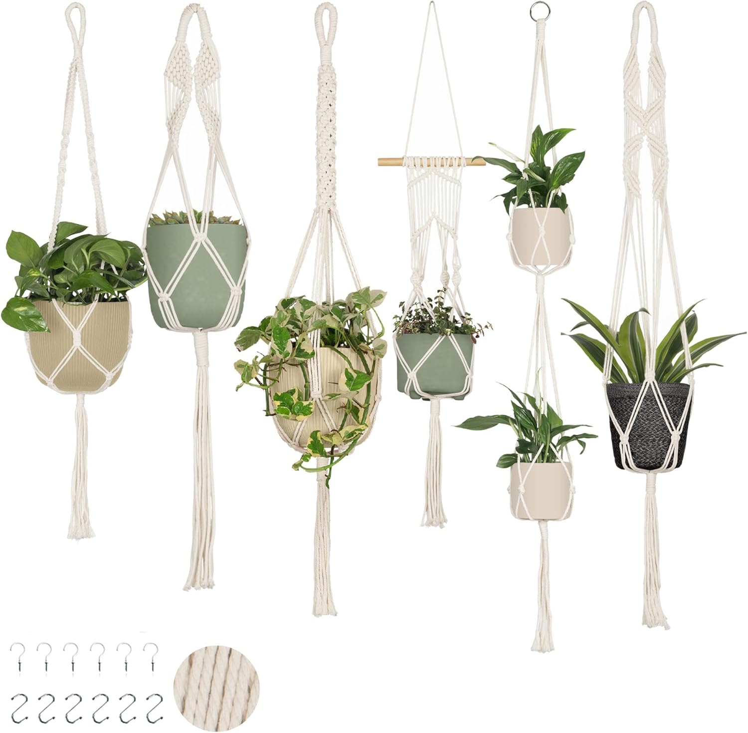 Nook Theory 6-Pack Macrame Plant Hangers with 12 Hooks - Hanging Planters for Indoor Plants, Boho Macrame Hangers Indoor Outdoor, Decorative Plant Hanger Indoor (Caramel)