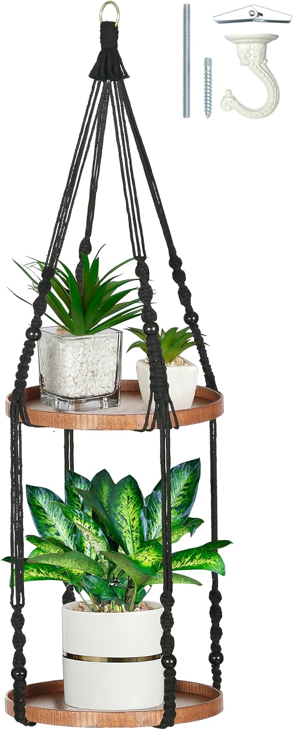 2 Pack Macrame Plant Hanger | Plant Hanger Indoor, Hanging Planter Shelf | Hanging Planter (Black) (1 Large + 1 Medium)