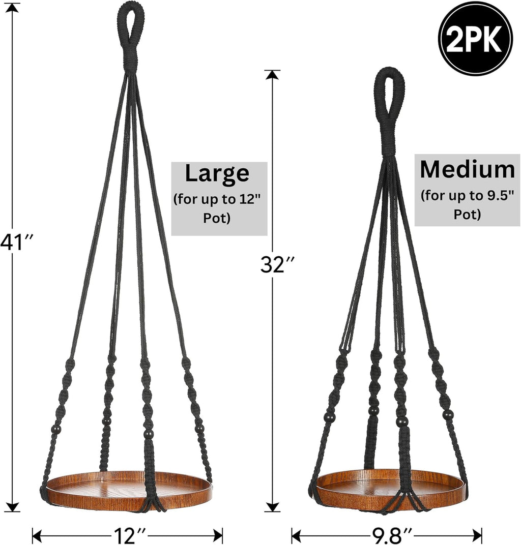 2 Pack Macrame Plant Hanger | Plant Hanger Indoor, Hanging Planter Shelf | Hanging Planter (Black) (1 Large + 1 Medium)