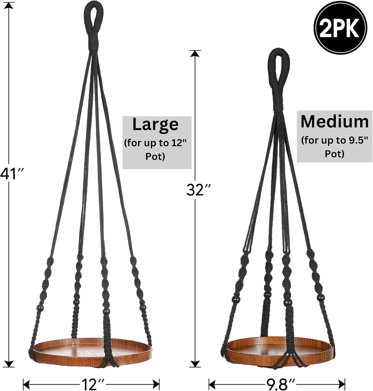 2 Pack Macrame Plant Hanger | Plant Hanger Indoor, Hanging Planter Shelf | Hanging Planter (Black) (1 Large + 1 Medium)