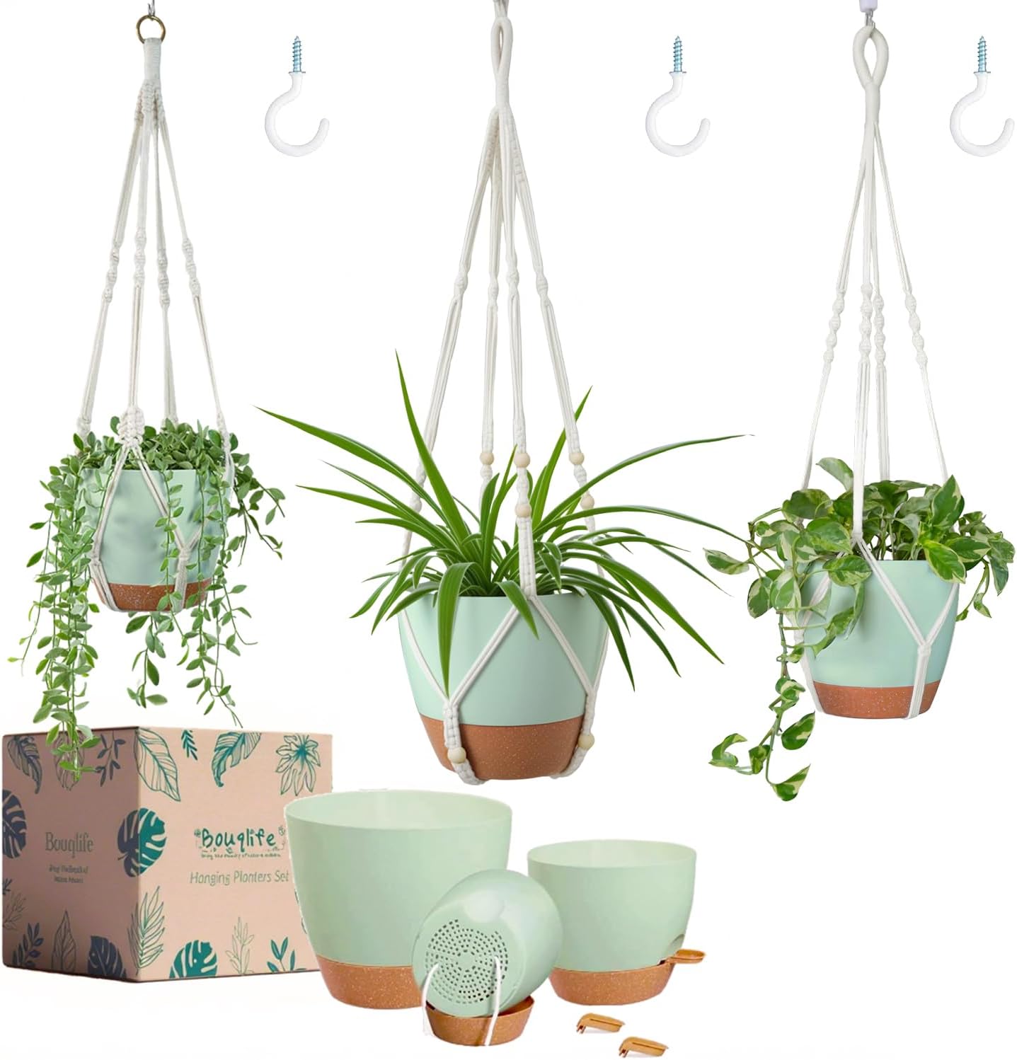 Larege Hanging Planters with Macrame Plant Hangers for Indoor Outdoor Plants 3 Set 10" / 8" / 7" Self Watering Pots Hanging Baskets Flower Pot Holders 3 Different Size Green Large