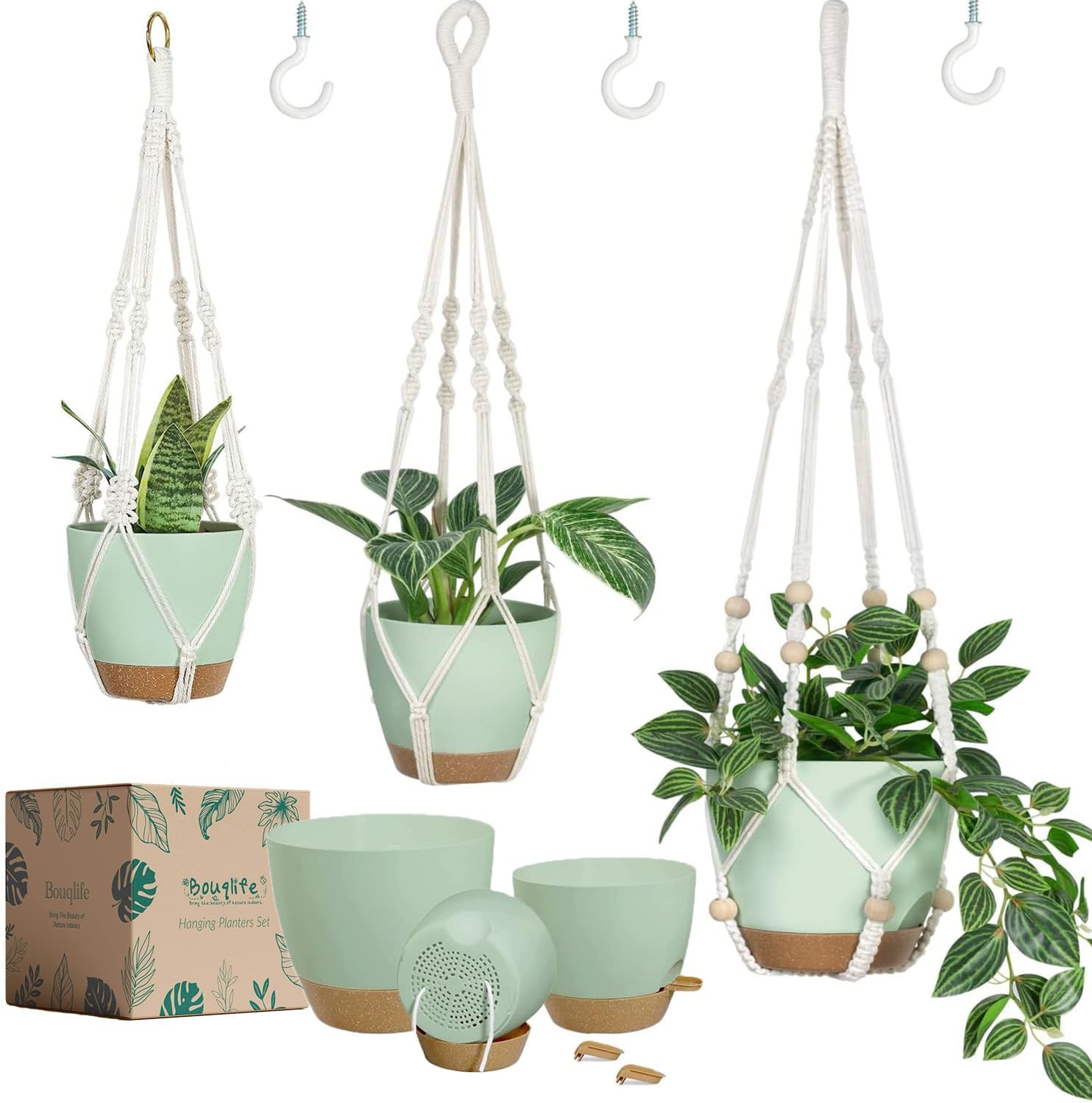 Larege Hanging Planters with Macrame Plant Hangers for Indoor Outdoor Plants 3 Set 10" / 8" / 7" Self Watering Pots Hanging Baskets Flower Pot Holders 3 Different Size Green Large
