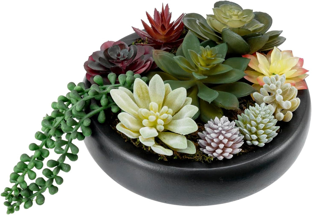 MyGift 8 Inch Round Modern Artificial Succulent Arrangement Potted in White Concrete Plant Bowl, Assorted Faux Mini Succulents in a Decorative Planter Pot