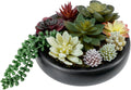 MyGift 8 Inch Round Modern Artificial Succulent Arrangement Potted in Gray Concrete Plant Bowl, Assorted Faux Mini Succulents in a Decorative Planter Pot