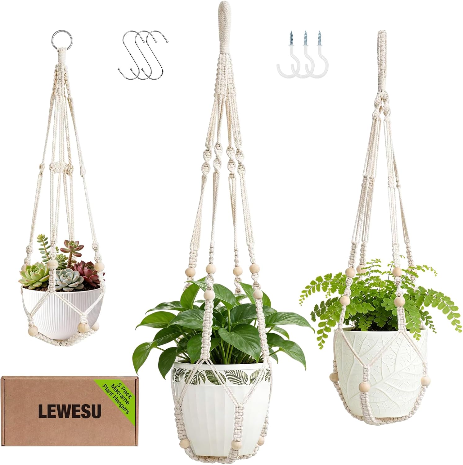 Jute Macrame Plant Hanger Indoor Set of 4 Hanging Planter Basket Flower Pot Holder with Decorative Wood Beads & No Tassels for Indoor Outdoor Boho Home Decor, 35 Inch Brown (Pots Not Included)