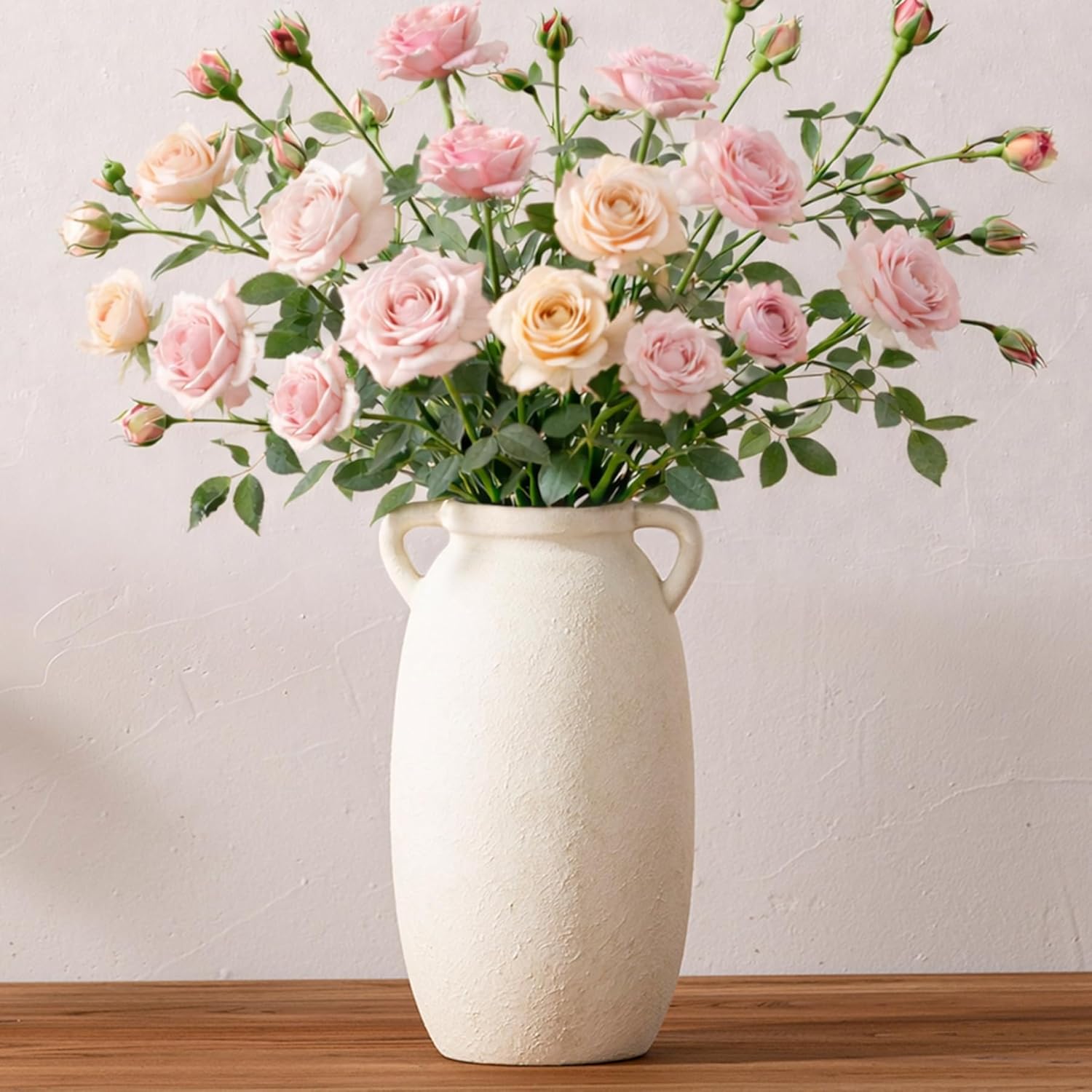 Ceramic Flower Vase 7.6 inch Farmhouse Rustic Vase Decorative Pottery Terracotta Vases for Home Decor Table Mantle Fireplace Living Room Bathroom Wedding Centerpiece (Whitewashed)