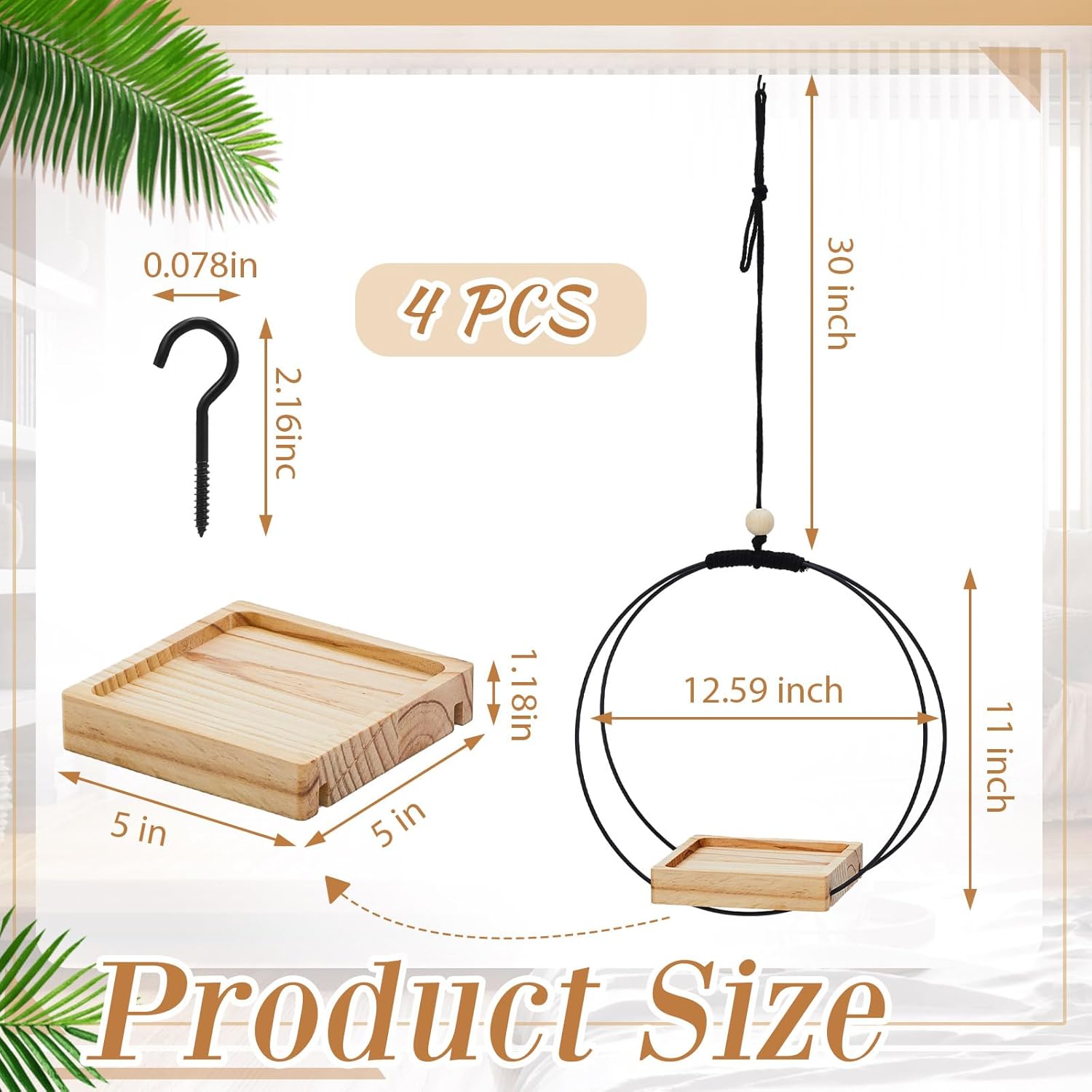 Geelin 4 Pack Plant Hanger with Wood Base Hanging Window Planter Boho Macrame Hanging Potted Plant Holders for Indoor Outdoor Window Wall Ceiling Home Decoration, Pot & Sapling Not Included (Khaki)