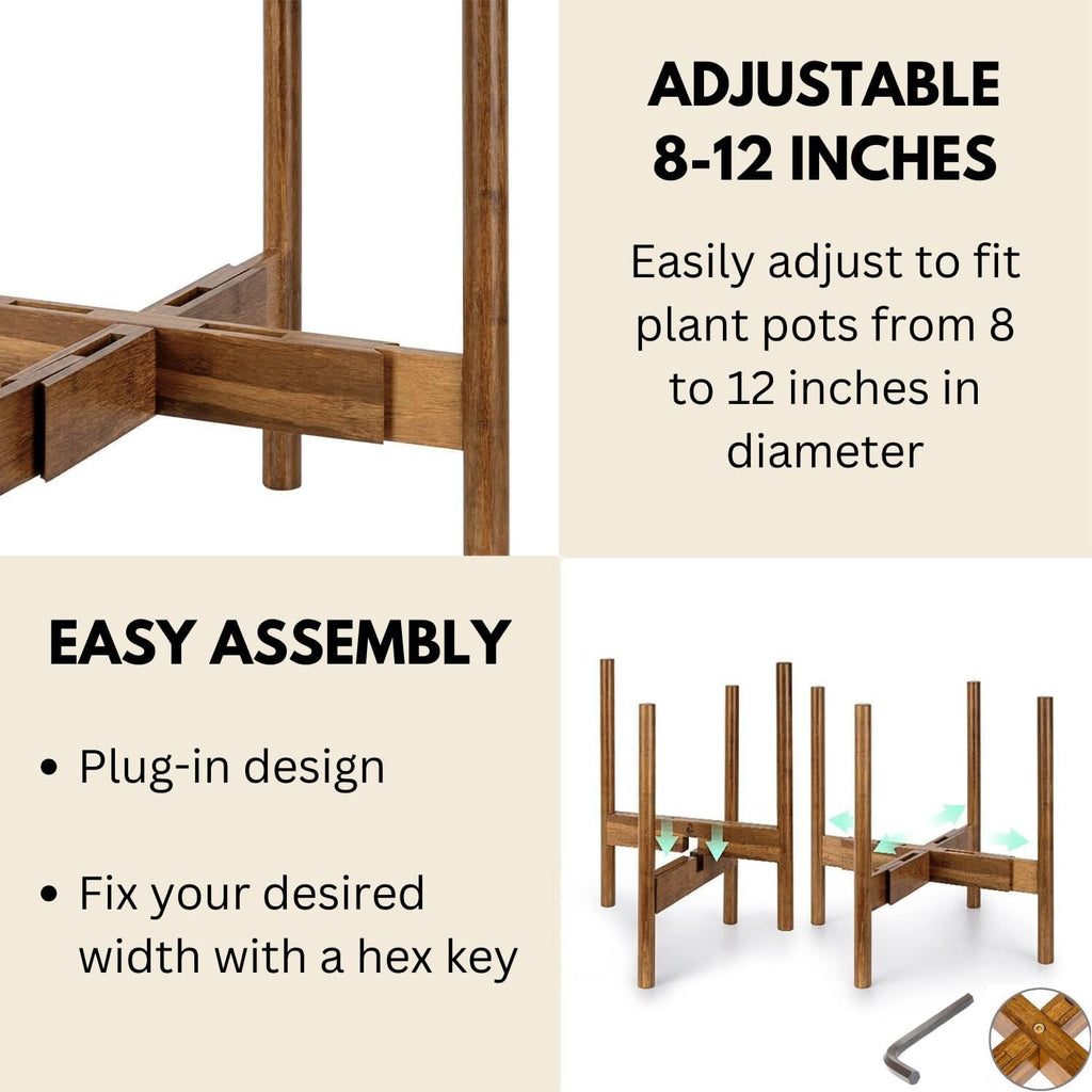 Fox & Fern Adjustable Plant Stand Indoor — 8 to 12 Inch Premium Mid Century Bamboo Plant Stand with Adjustable Width; Plug In Design; Easy to Assemble; Two Heights - For 8, 9, 10, 11 & 12 Inch Pots