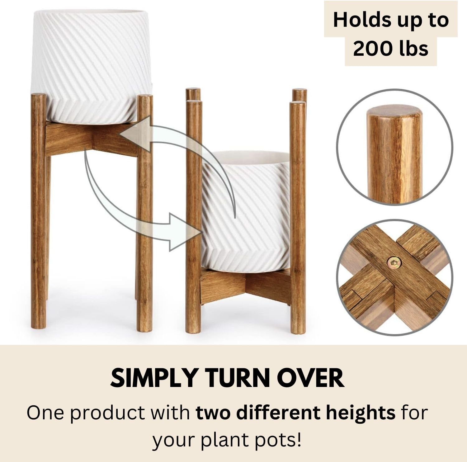 Fox & Fern Adjustable Tall Plant Stand Indoor — 8 to 12 Inch Mid Century Bamboo Plant Stand with Adjustable Width - Plug In Design - Easy to Assemble - Two Heights - For 8, 9, 10, 11 & 12 In Pots