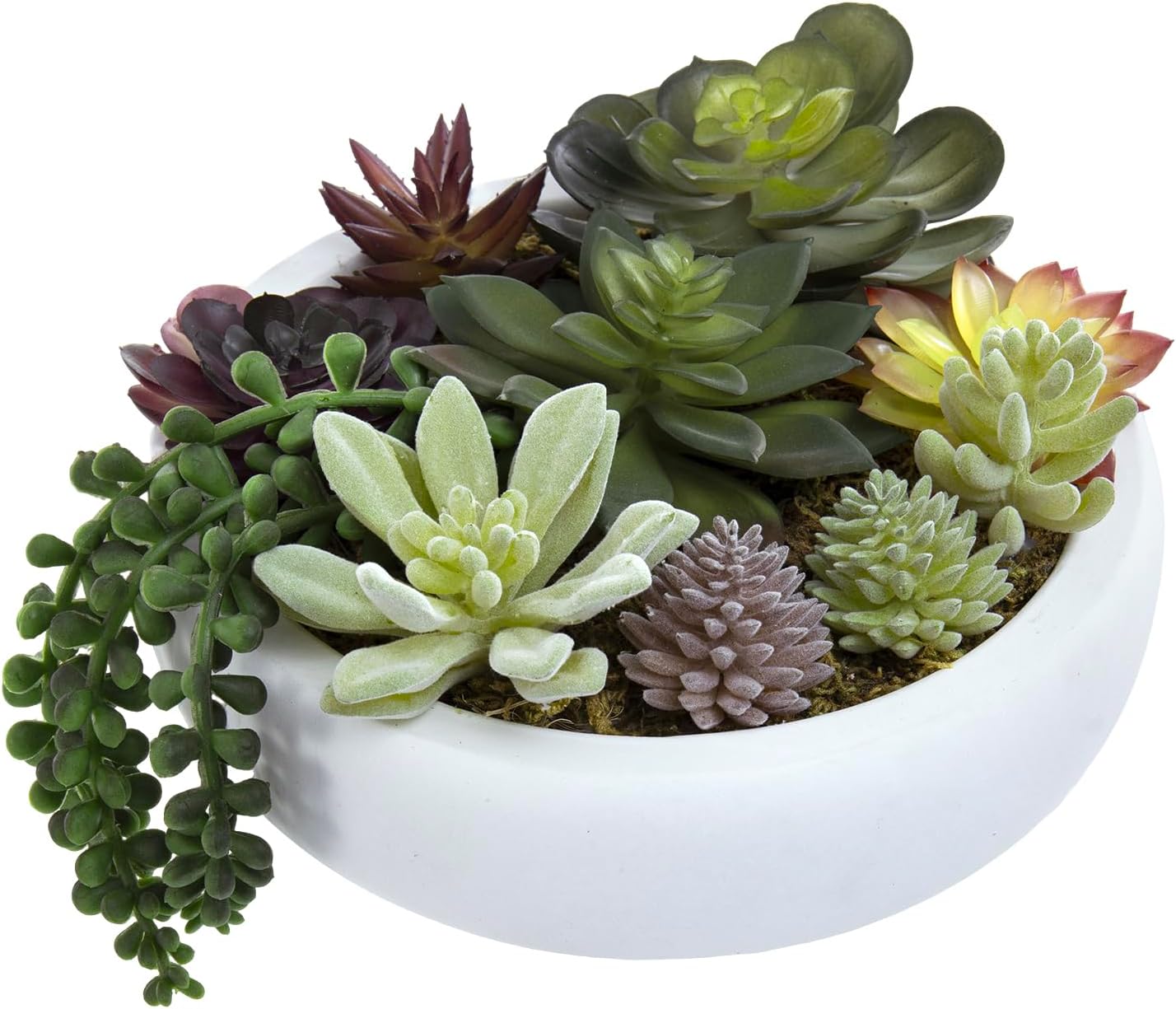 MyGift 8 Inch Round Modern Artificial Succulent Arrangement Potted in White Concrete Plant Bowl, Assorted Faux Mini Succulents in a Decorative Planter Pot