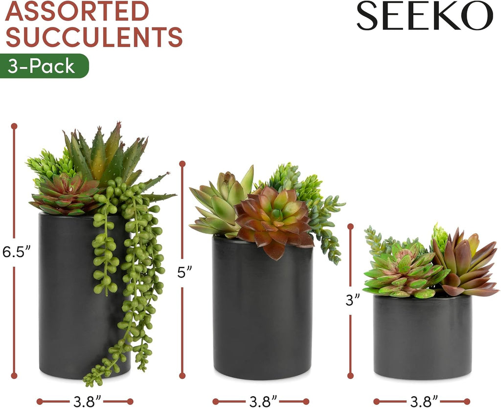 SEEKO Succulents Plants Artificial (3 Pack) - Indoor Fake Succulents with Black Pot