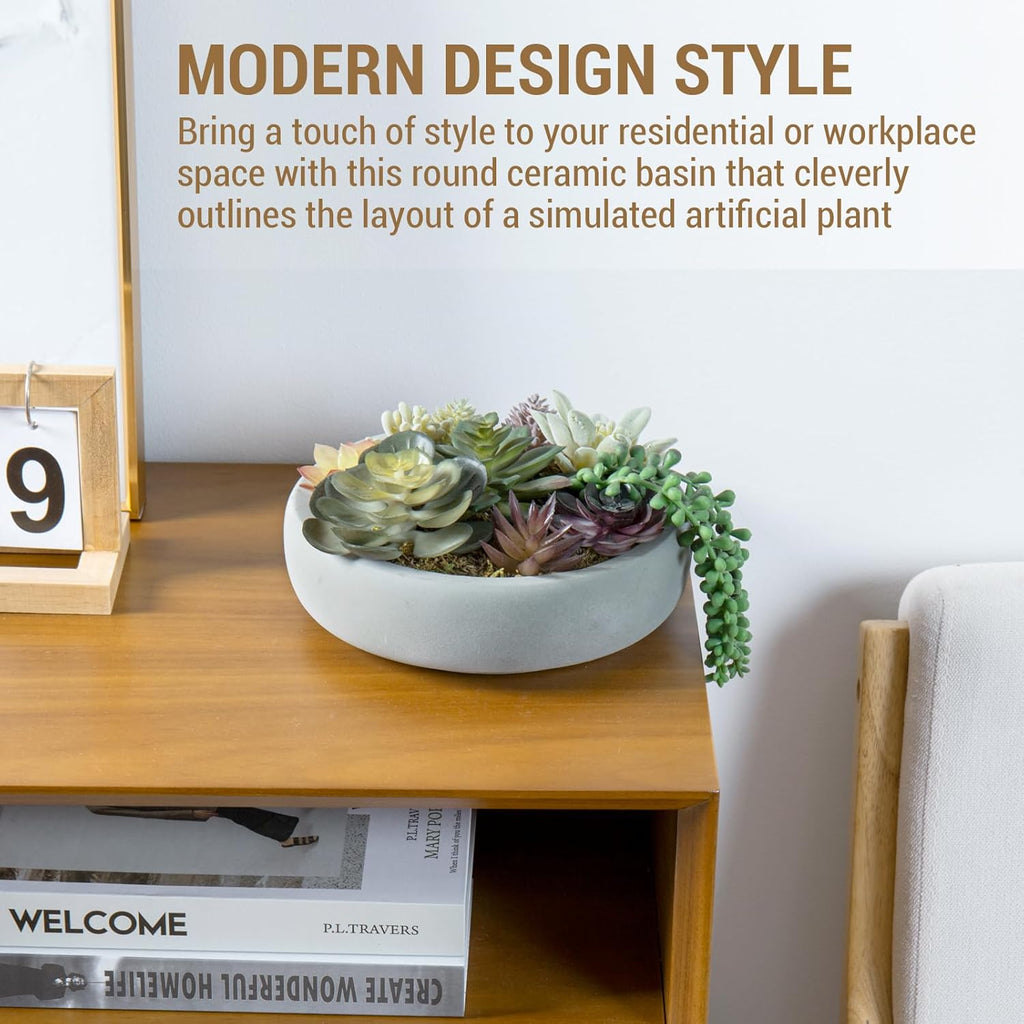 MyGift 8 Inch Round Modern Artificial Succulent Arrangement Potted in Gray Concrete Plant Bowl, Assorted Faux Mini Succulents in a Decorative Planter Pot